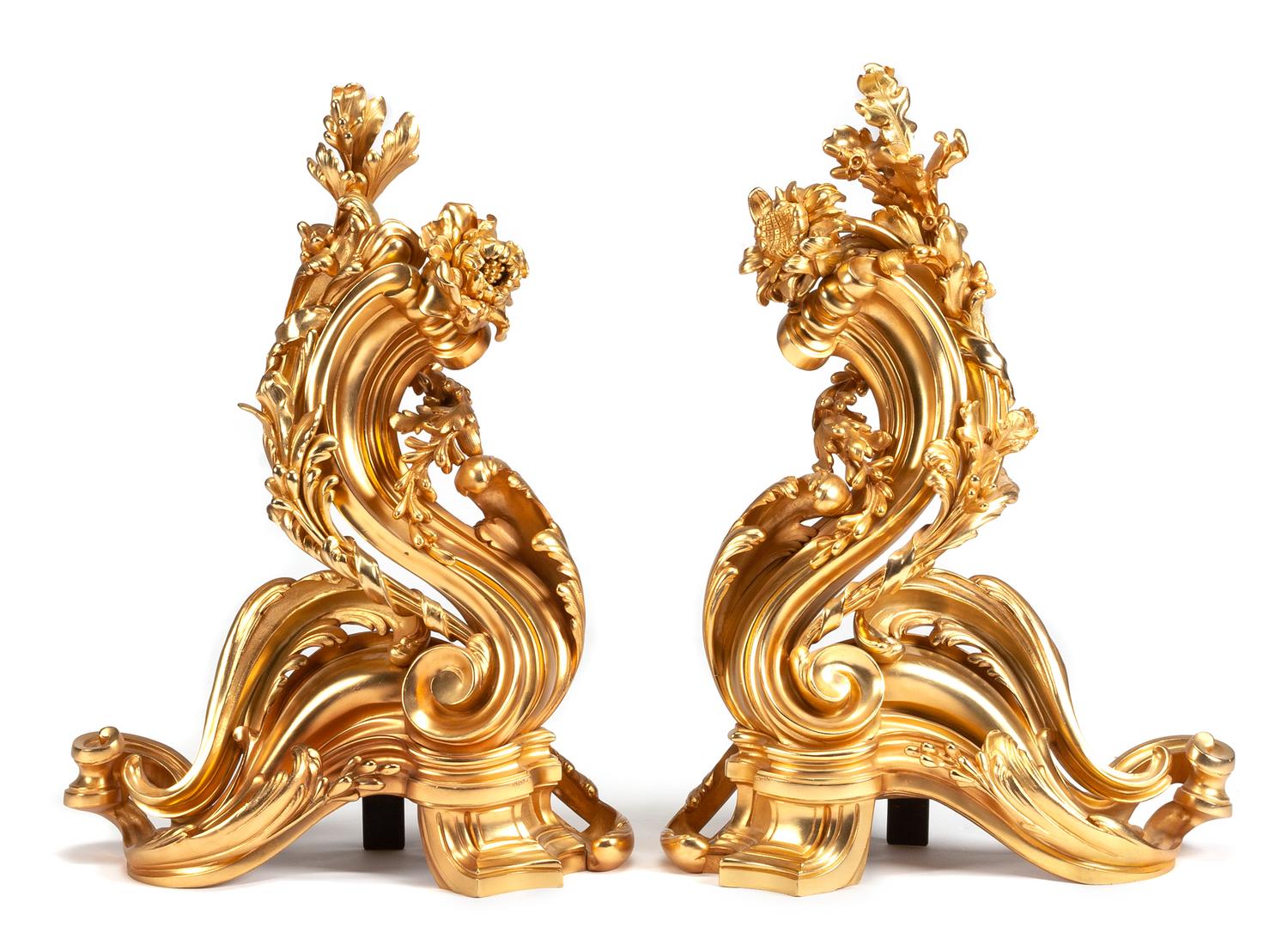 A Pair of Napoleon III Style Gilt Bronze Chenets Height 25 x width 18 1/2 inches. — LATE 19TH/EARLY 20TH CENTURY