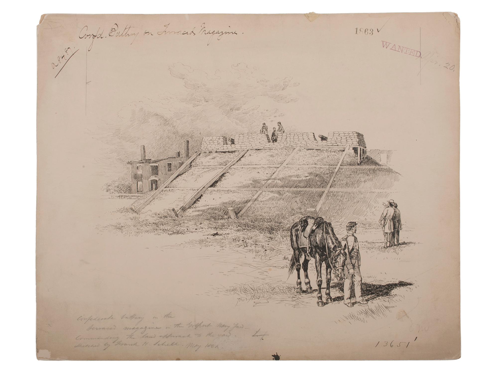 [CIVIL WAR]. HOGAN, Thomas, artist. Confederate Battery on the Terraced Magazine, Gospert Navy Yard, Norfolk, Virginia. Pen and ink sketch.