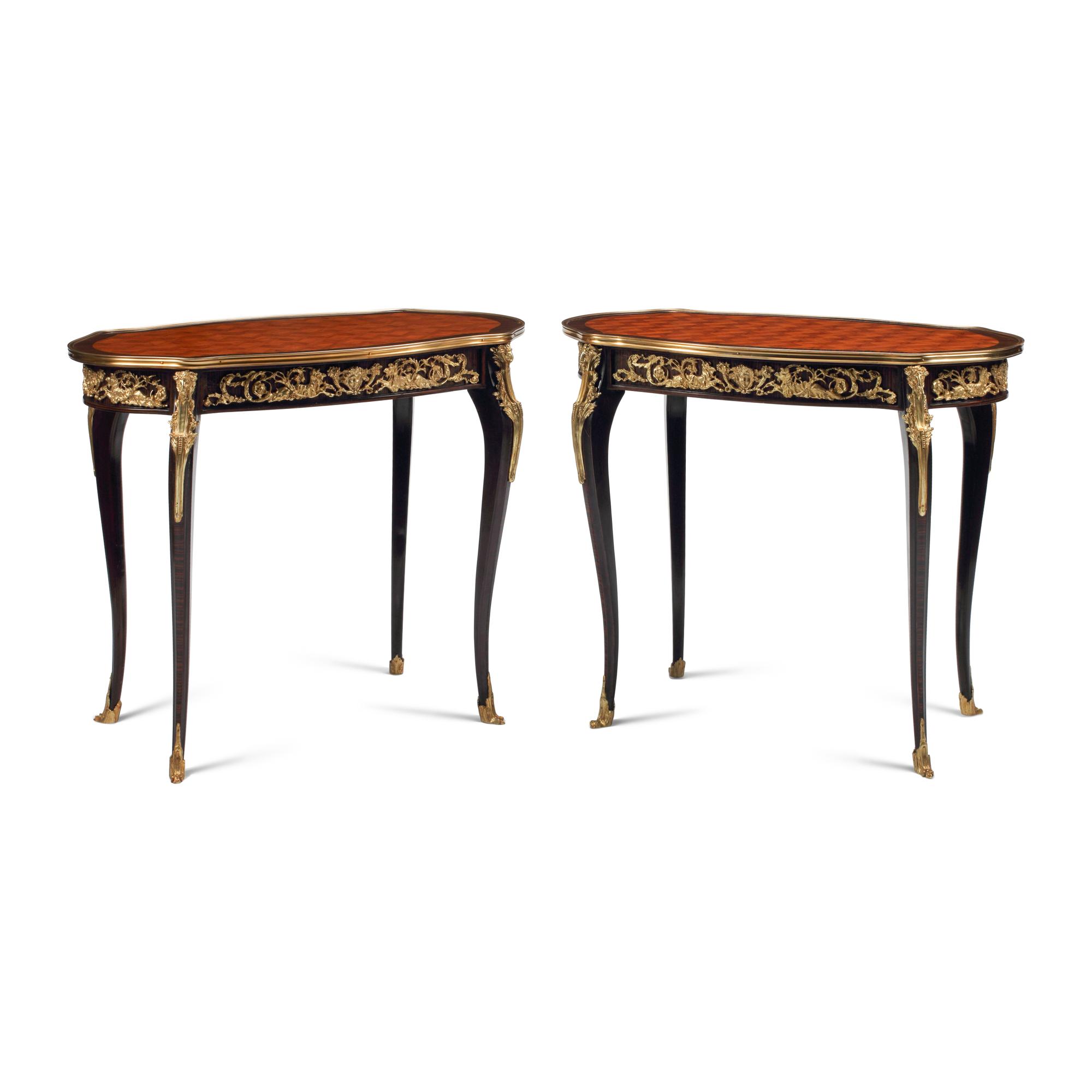 A Pair of Louis XV Style Gilt Bronze Mounted Parquetry Tables