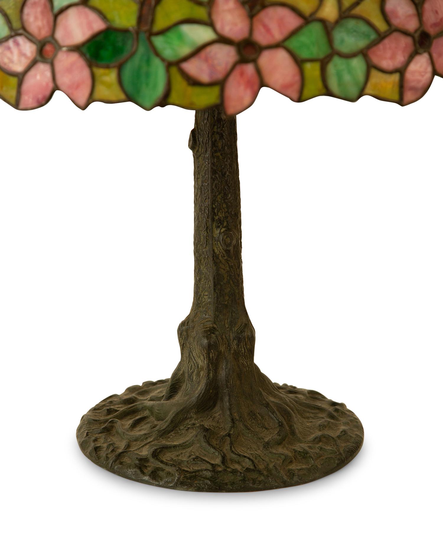 An American Leaded Glass and Patinated Metal Table Lamp