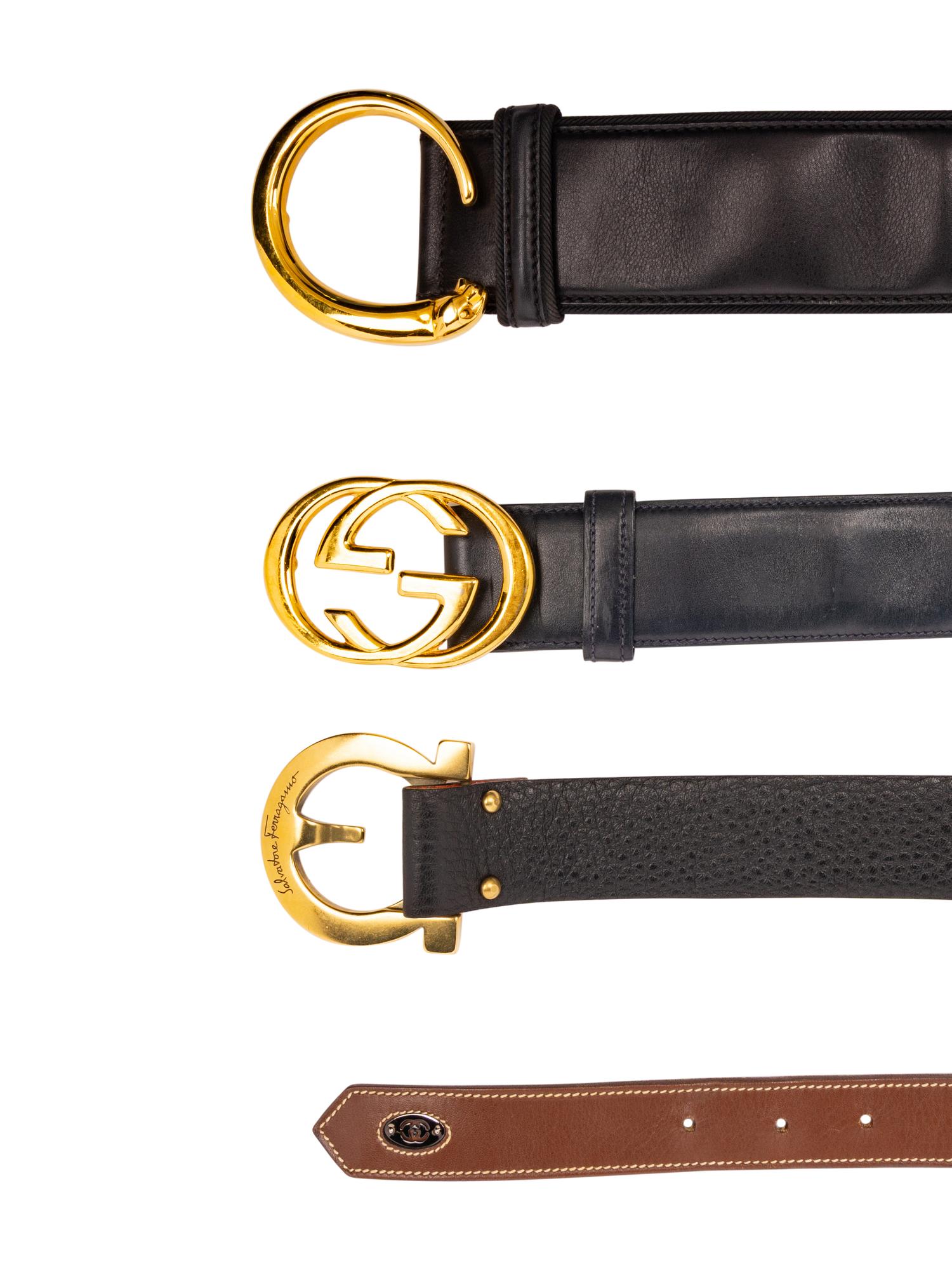 Group of Four Designer Belts by Gucci, Cartier, and Salvatore Ferragamo