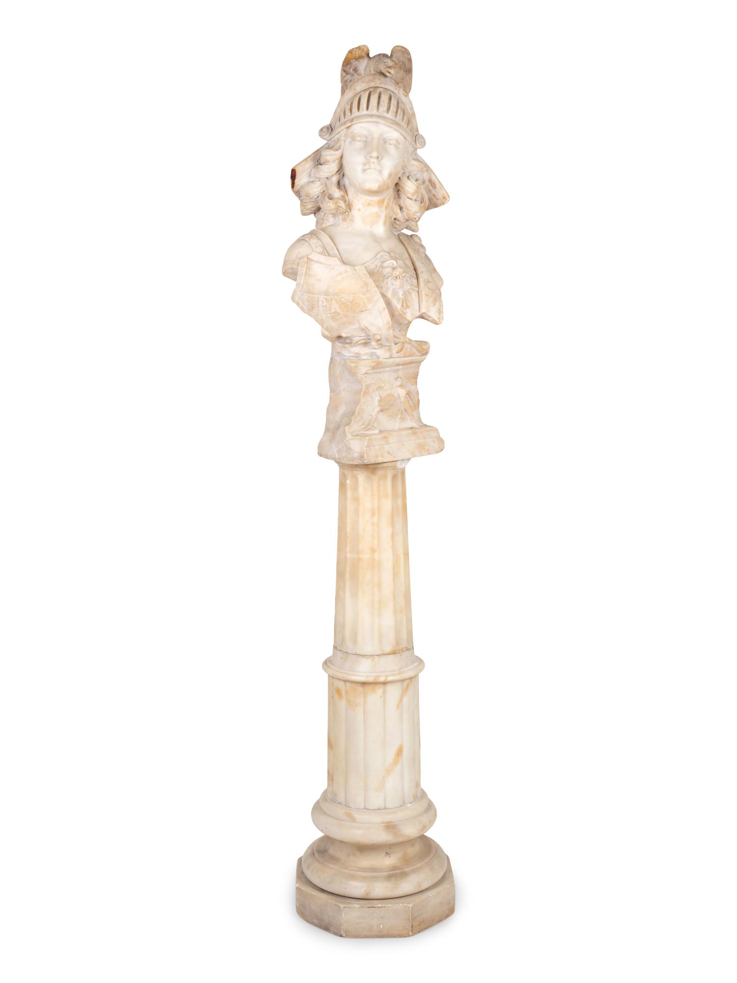 A Classical Style Carved Alabaster Bust of Athena on Pedestal — 19TH/20TH CENTURY