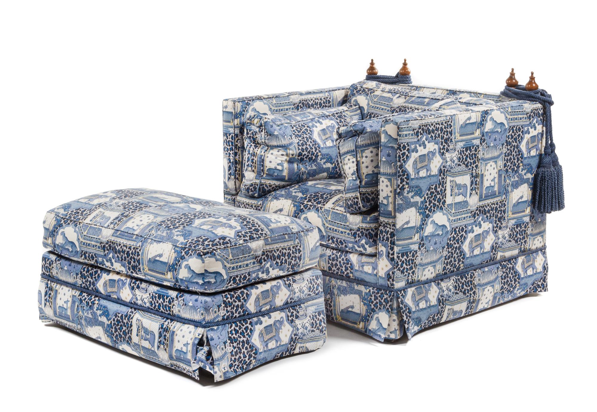 An Upholstered Club Chair and Ottoman Height of chair 36 x width 39 x depth 36 inches.