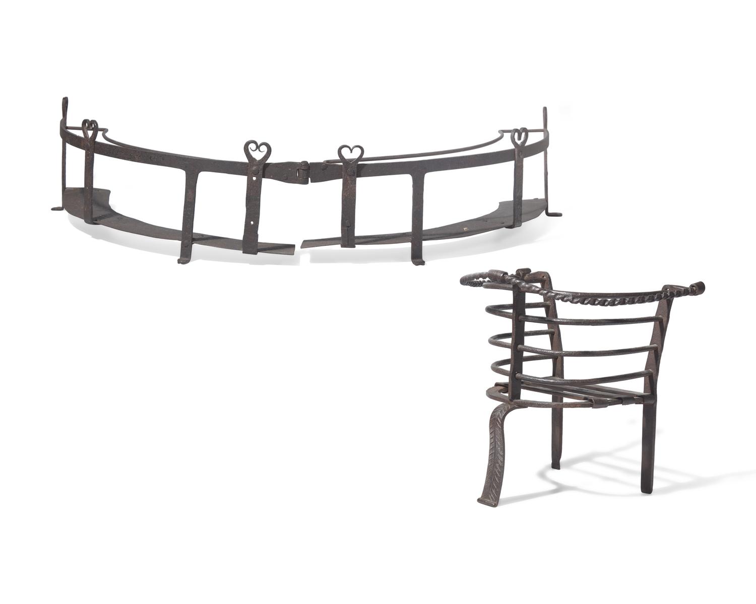 A Wrought Iron Fireplace Guard / Plate Stand and Pot Stand, American or French, 17th / 18th Century