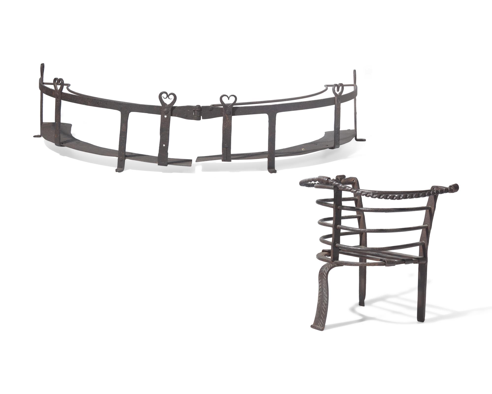 A Wrought Iron Fireplace Guard / Plate Stand and Pot Stand, American or French, 17th / 18th Century