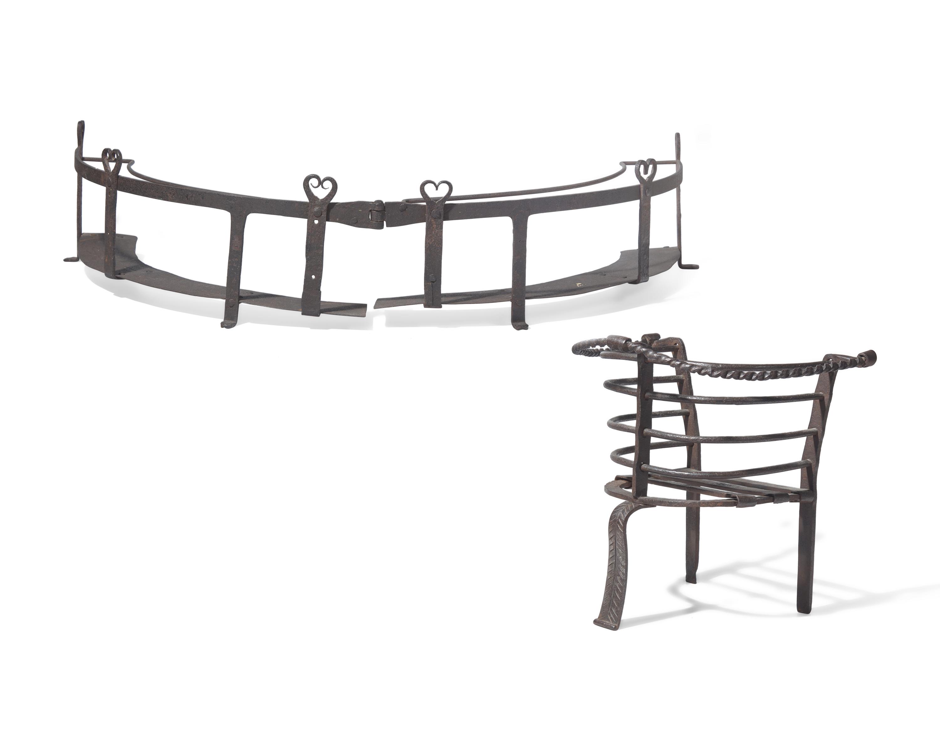 A Wrought Iron Fireplace Guard / Plate Stand and Pot Stand, American or French, 17th / 18th Century