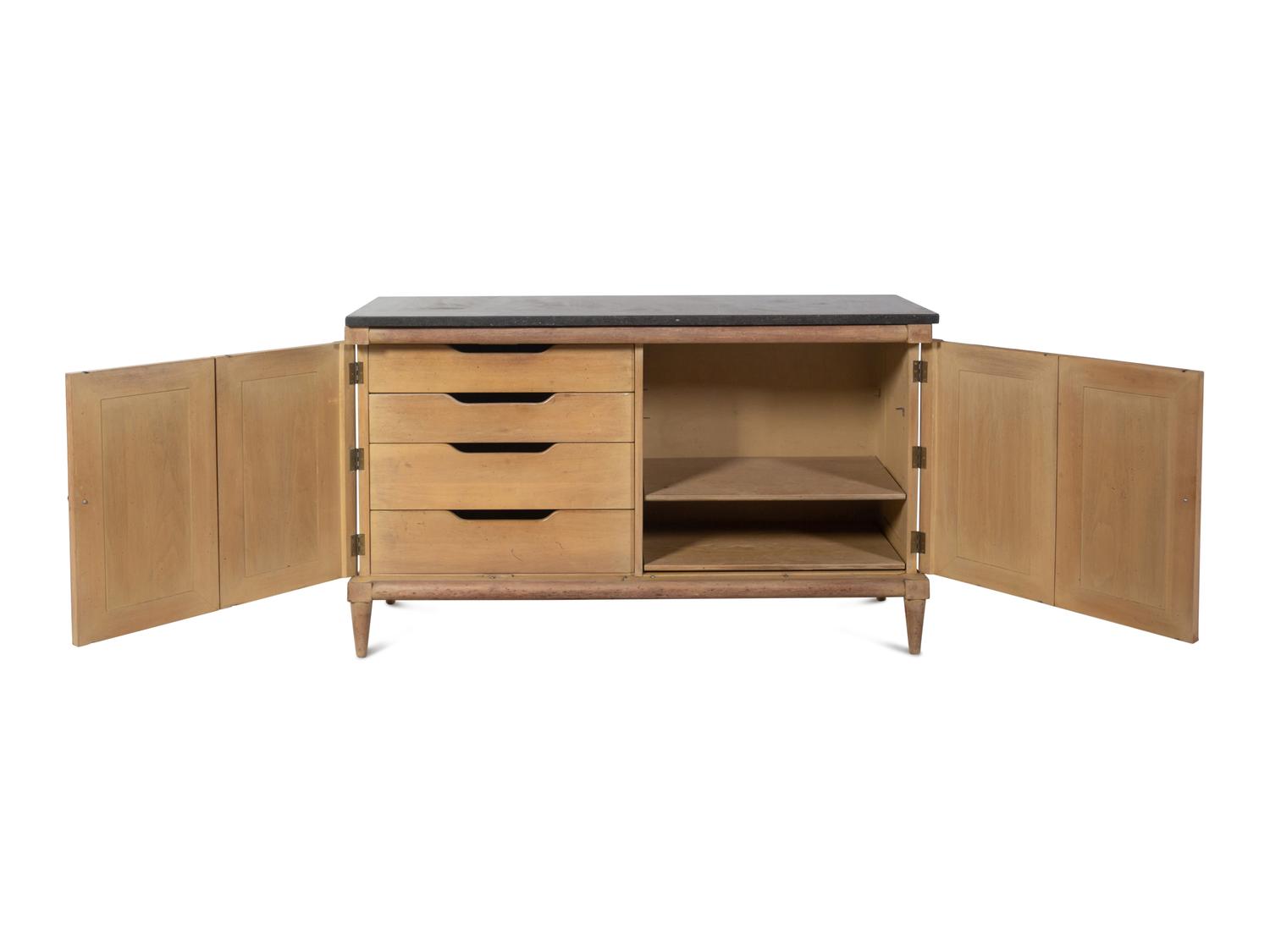 A Pair of Reed-Carved Marble-Top Console Cabinets in the Style of Maison Jansen