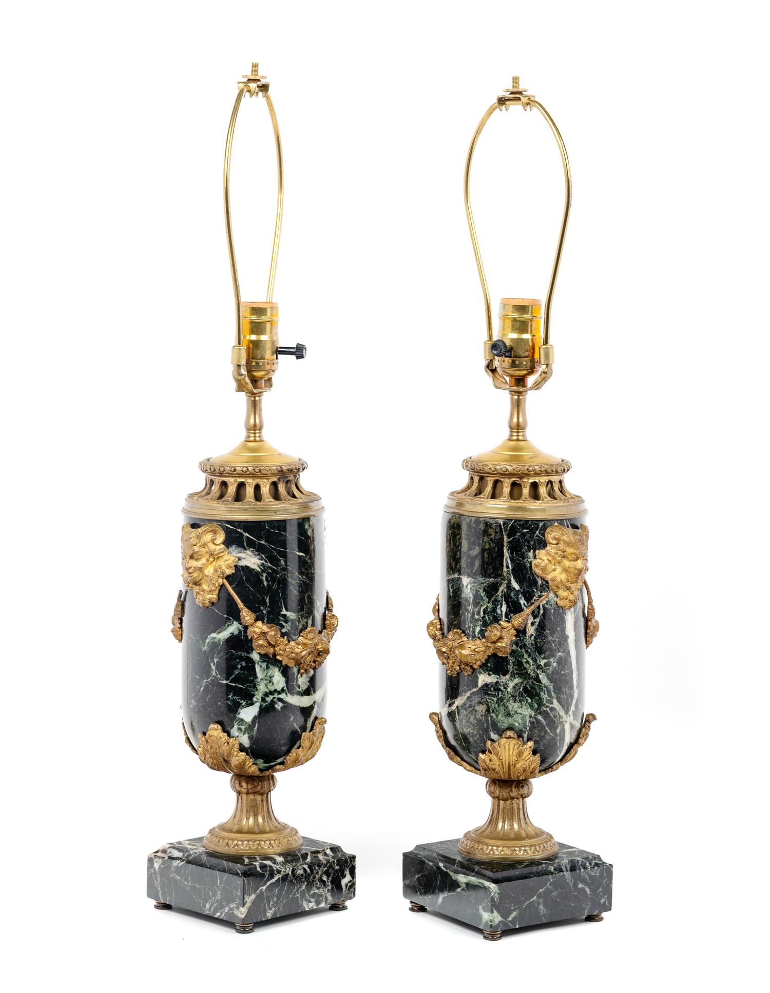 A Pair of Continental Gilt Metal Mounted Marble Lamps
