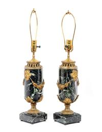 A Pair of Continental Gilt Metal Mounted Marble Lamps