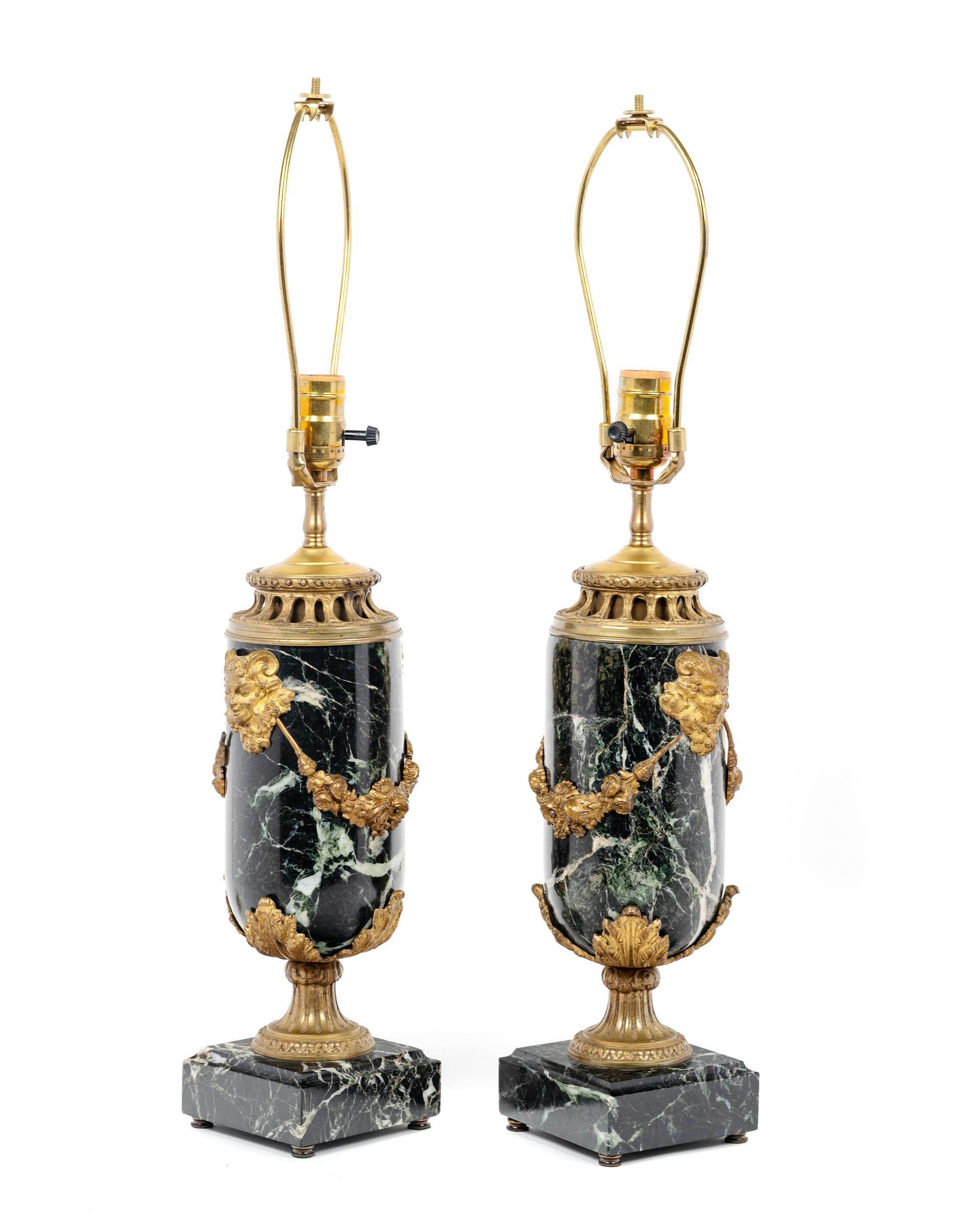 A Pair of Continental Gilt Metal Mounted Marble Lamps