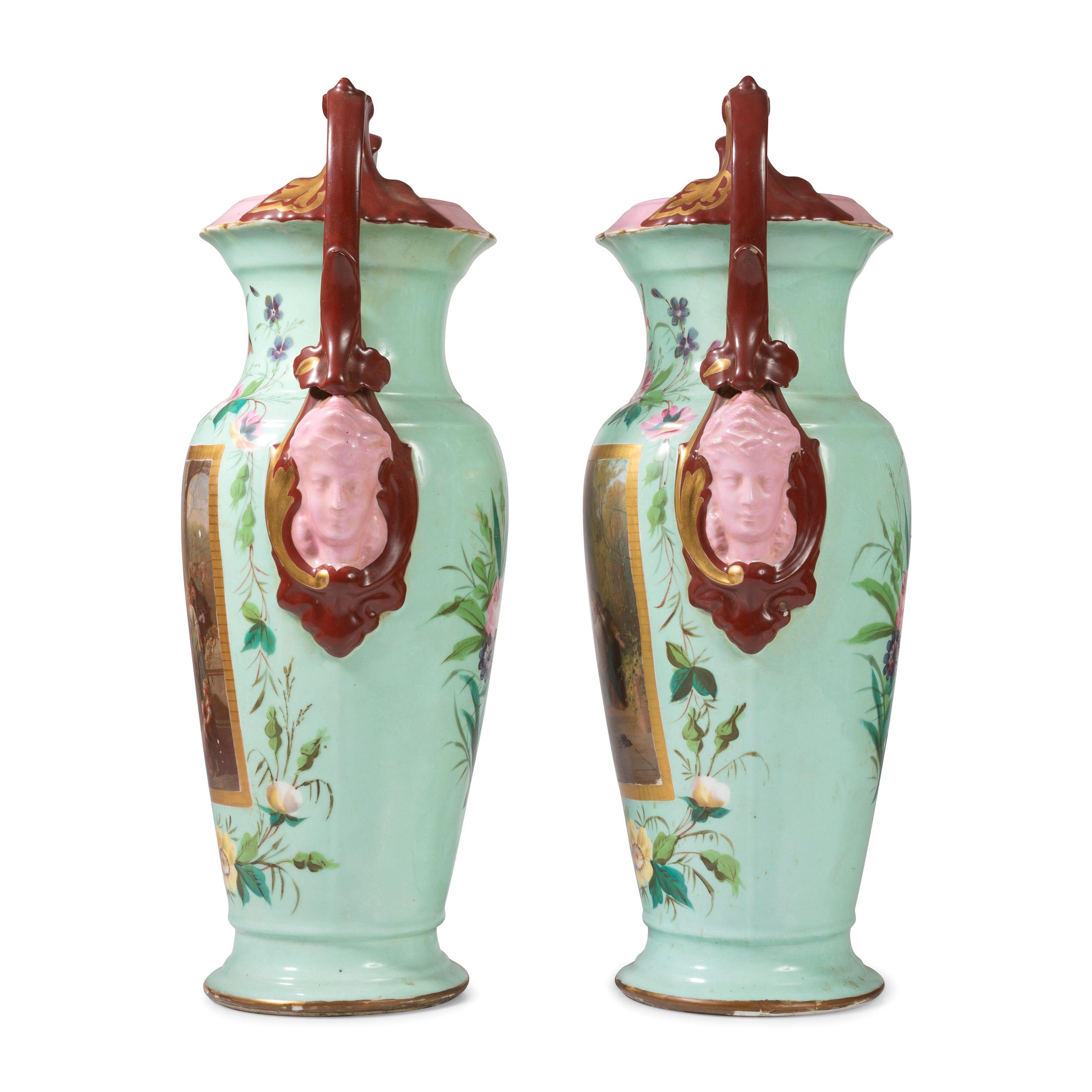 A Pair of Continental Porcelain Urns with Hand Painted and Transfer Decoration