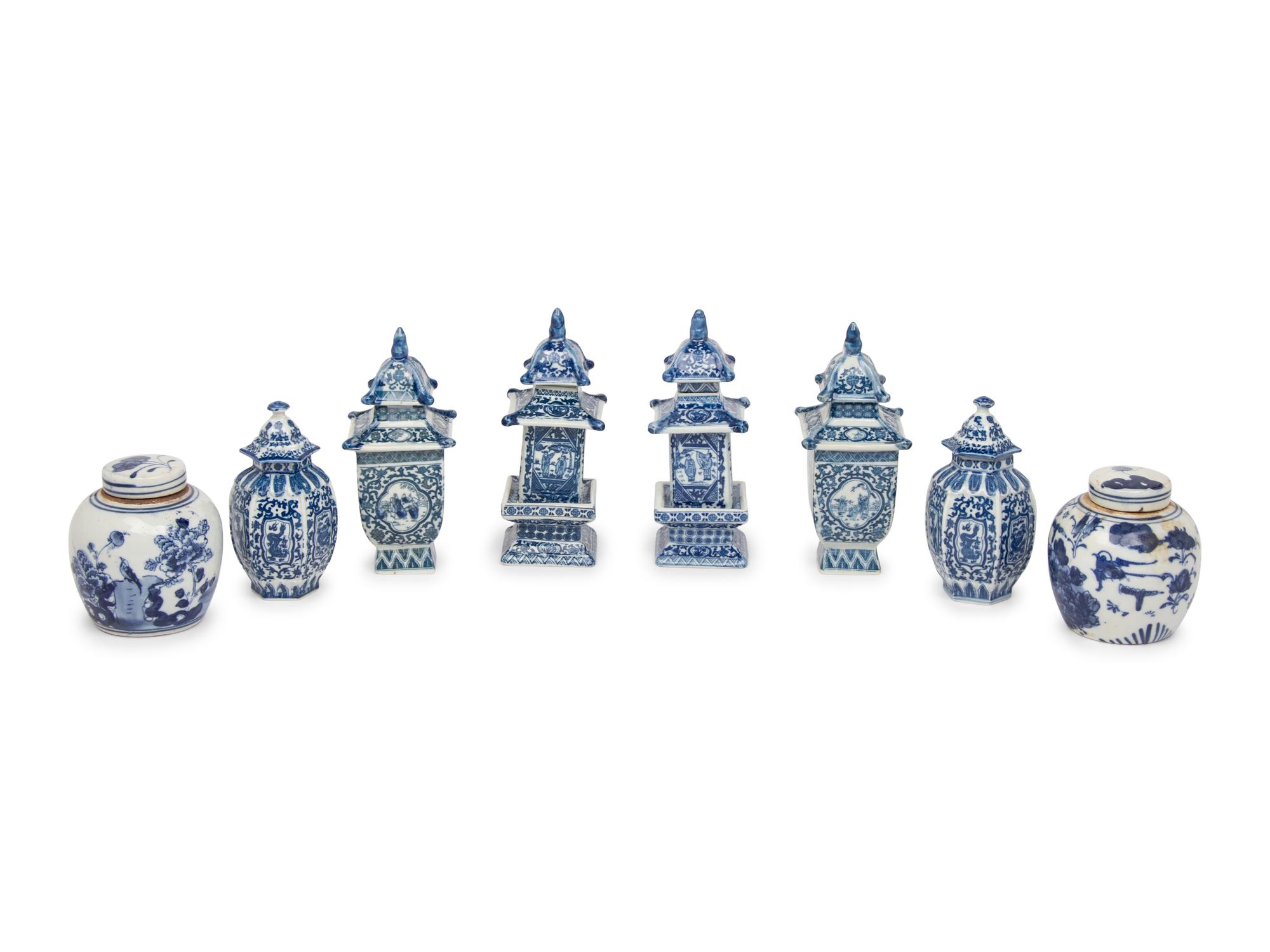 A Collection of Eight Blue and White Vessels