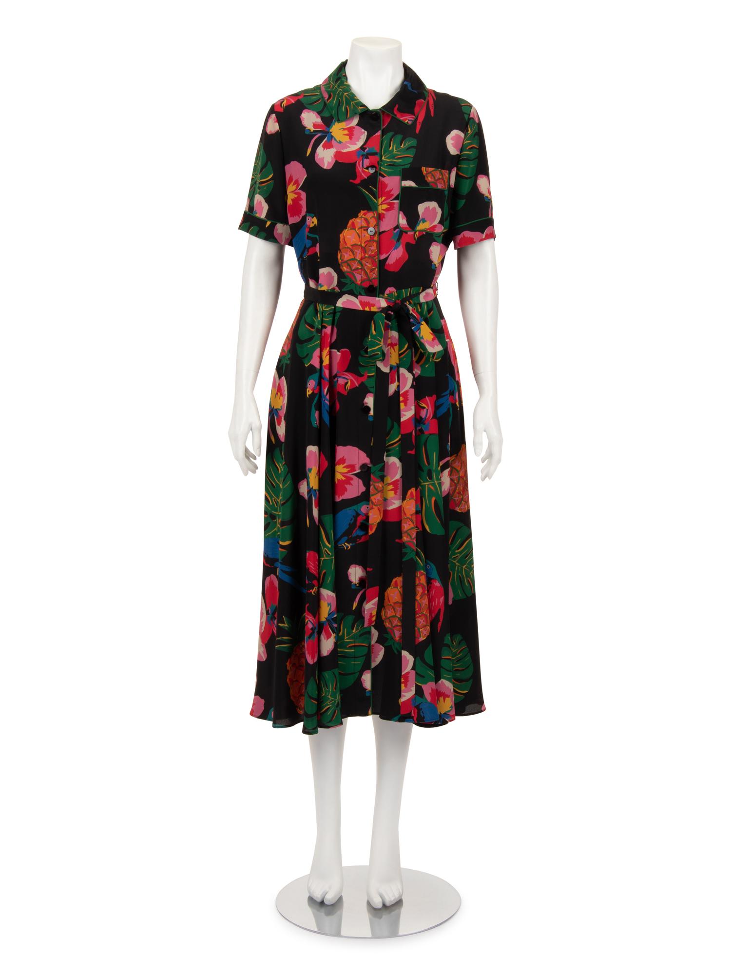 Valentino Silk Short Sleeve Tropical Print Dress with Belt, Resort 2017