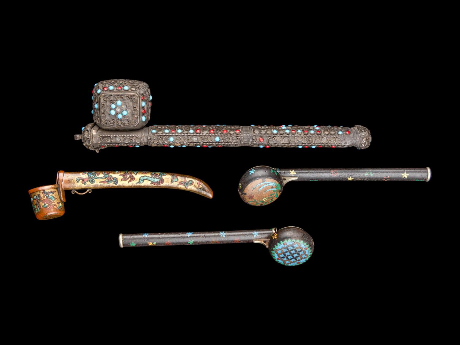 Four Japanese Cloisonné and Hardstone Inset Portable Writing Sets, Yatate