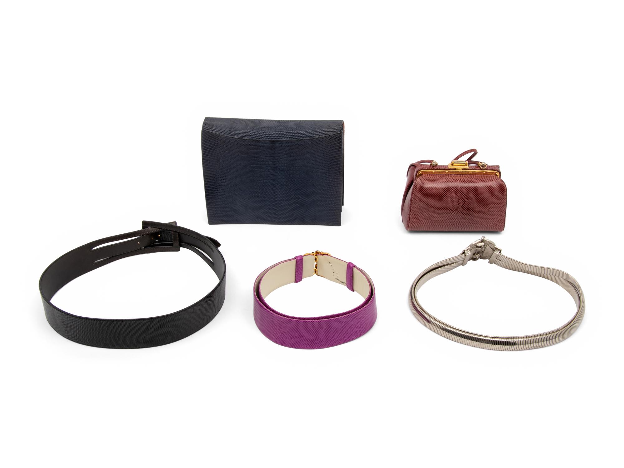 Five Designer Accessories: Three Judith Leiber, One Valentino, One Andrea Pfister, 1980s