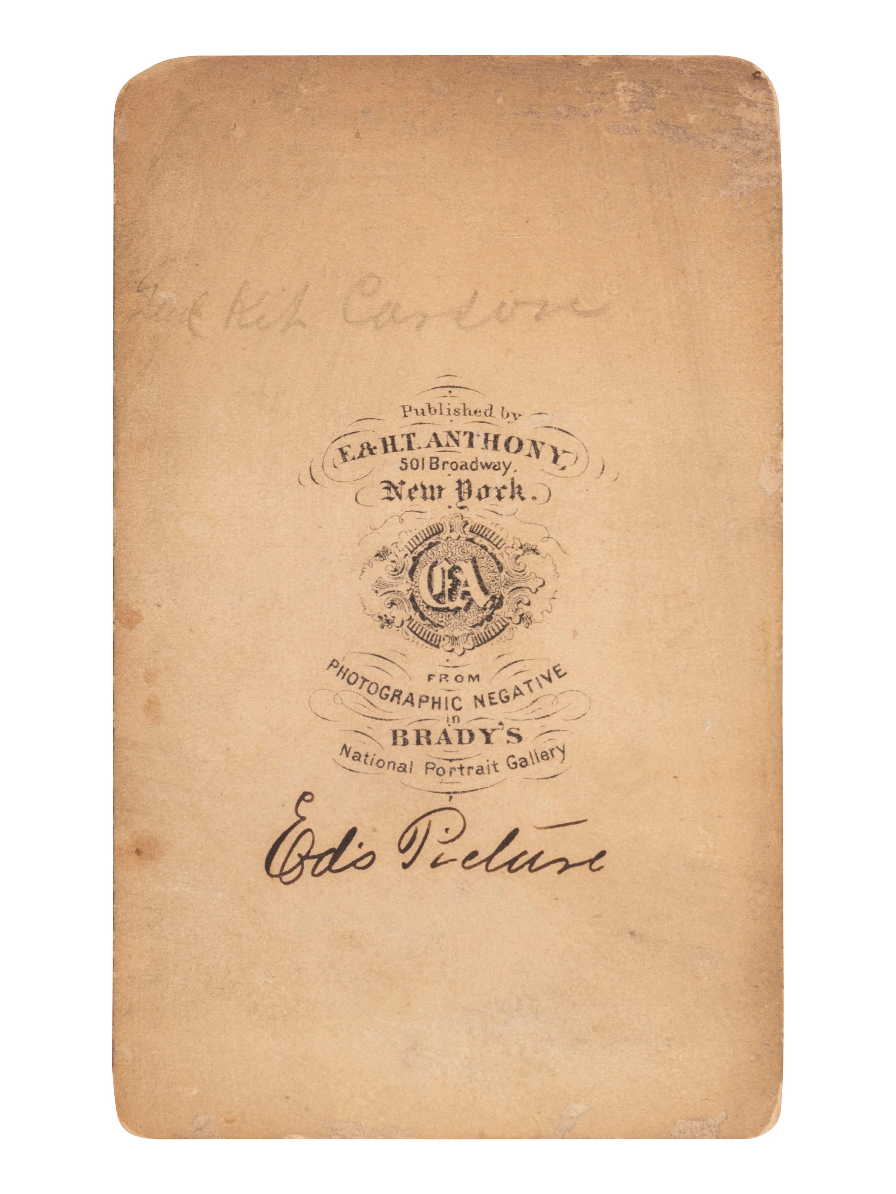 [CARSON, Christopher "Kit" (1809-1868)]. BRADY, Mathew (1822-1896). CDV of Christopher "Kit" Carson. New York: E & H.T. Anthony, ca early 1860s.
