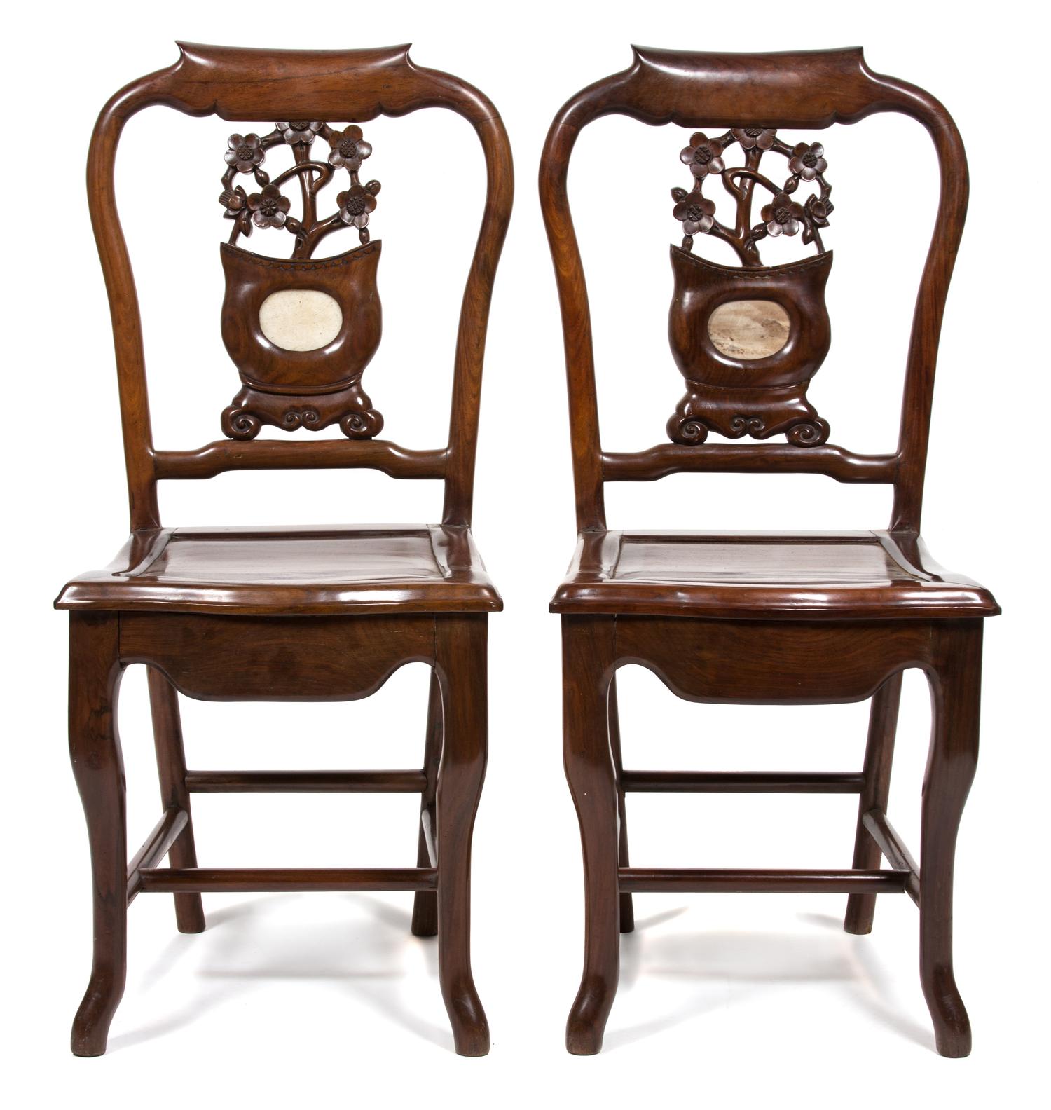 A Pair of Chinese Carved Hardwood Side Chairs Height 36 1/2 x width 16 1/4 x depth 16 1/2 inches. — 20TH CENTURY