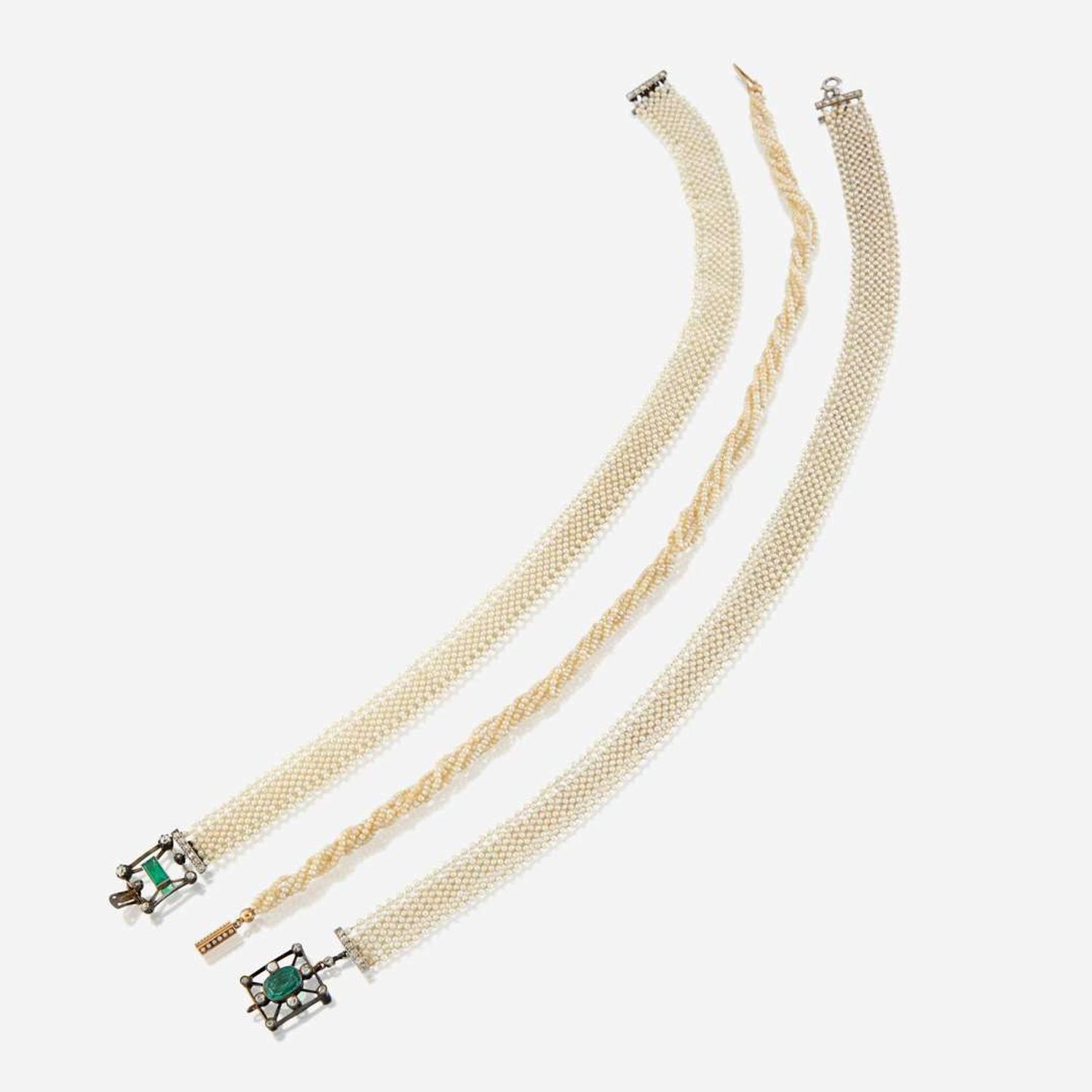 A collection of three seed pearl, gem-set, silver, platinum, and gold chokers