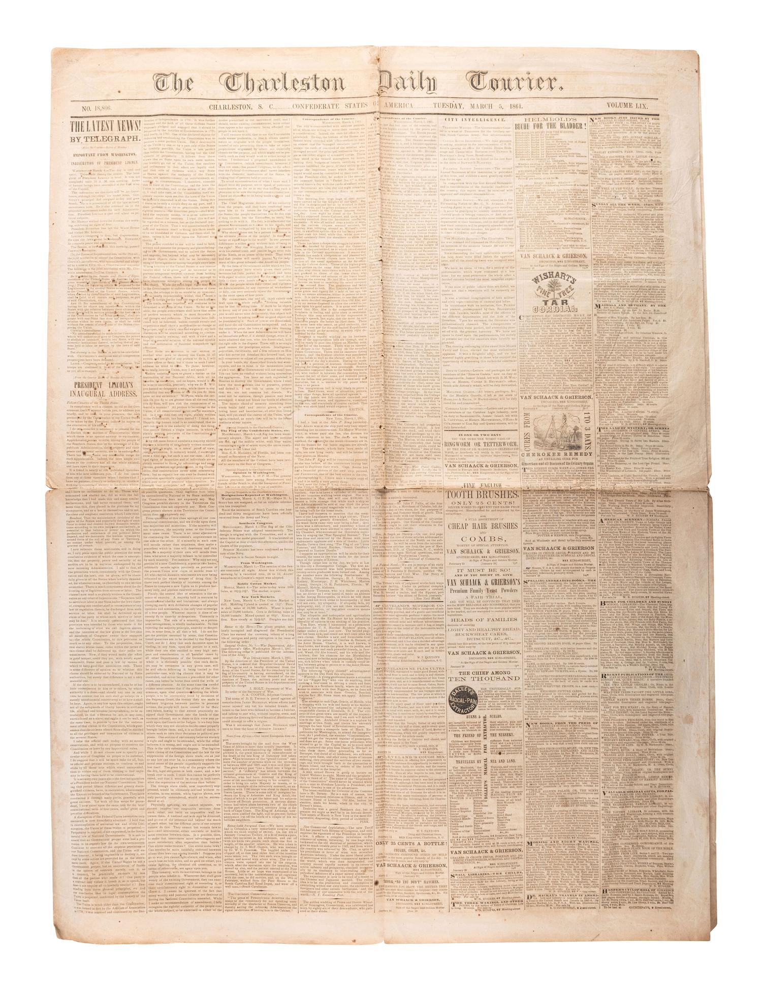 [CIVIL WAR]. Two complete large format issues of the Charleston Daily Courier featuring front-page Confederate reports of the inaugurations of Abraham Lincoln and Jefferson Davis.