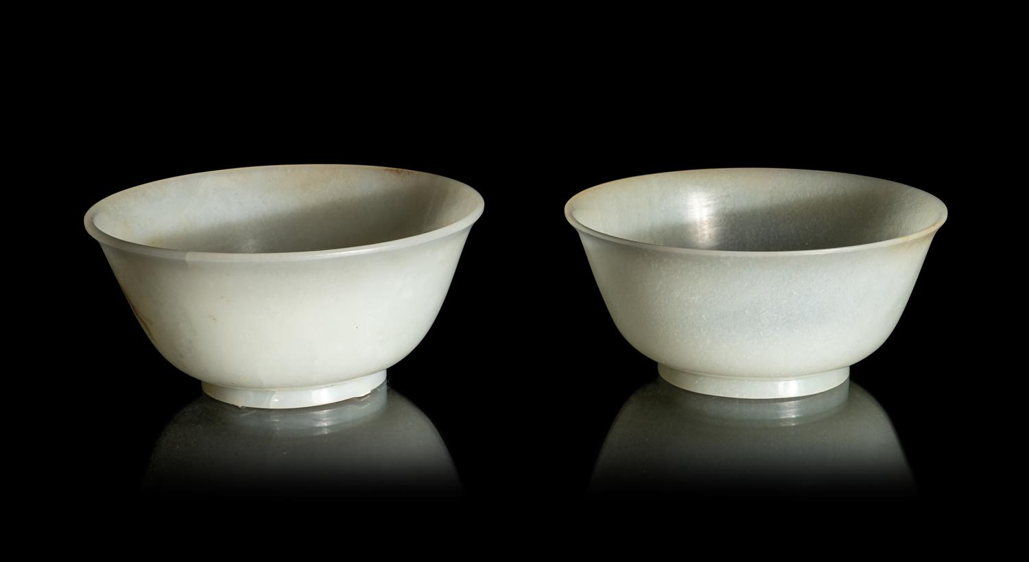 A Matched Pair of Chinese Pale Celadon Jade Bowls