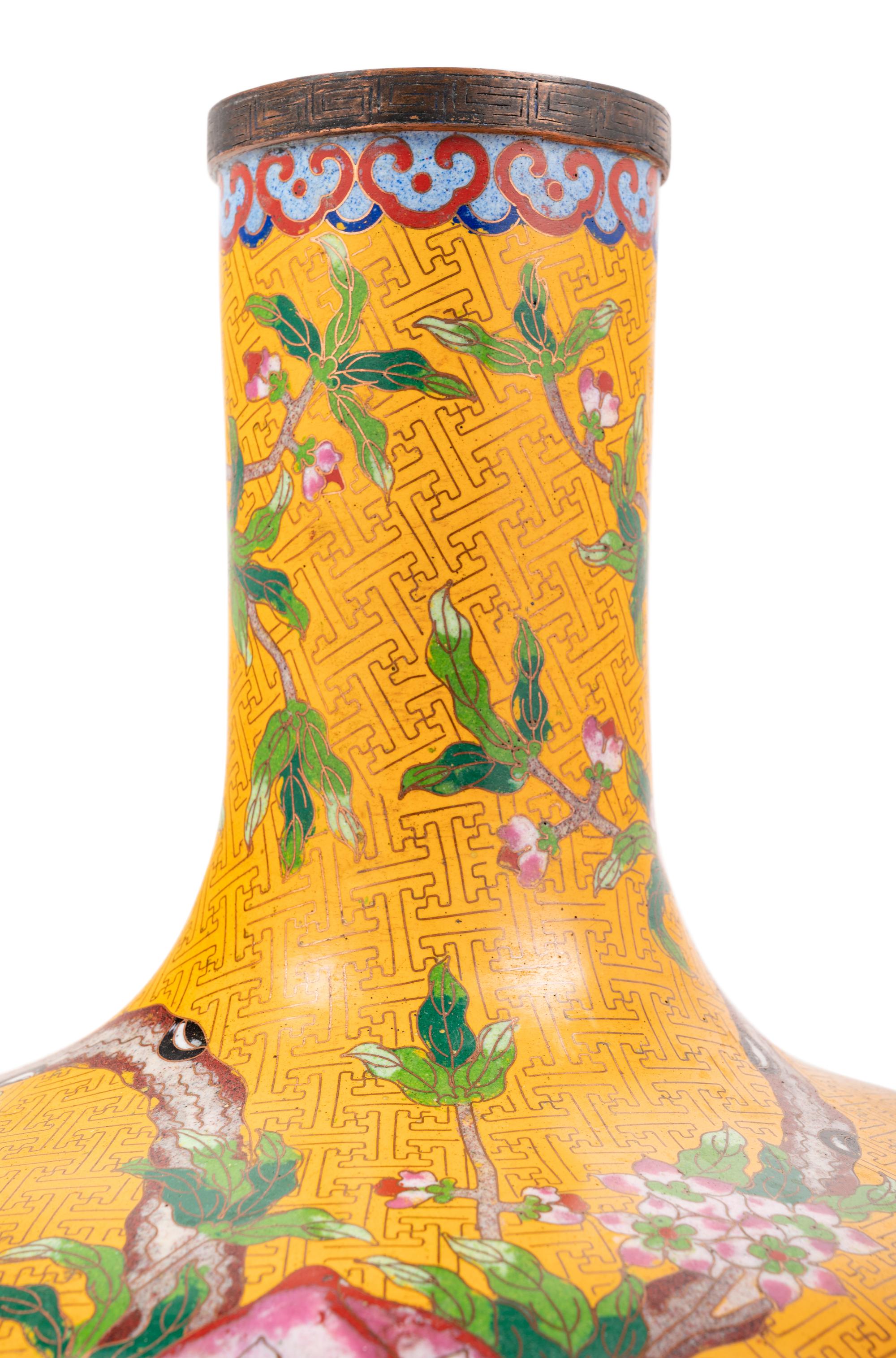 Three Large Chinese Yellow Ground Cloisonné Enamel Vases, Tianqiuping