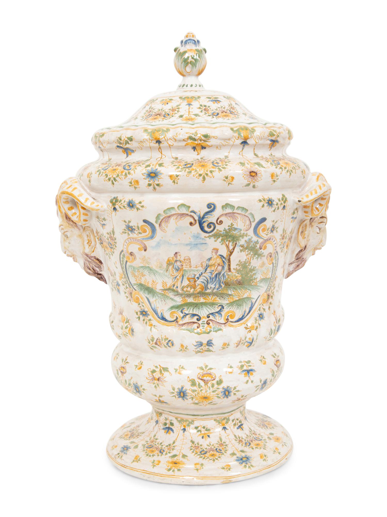 A Large Majolica Covered Urn with Horned Satyr Mask Handles