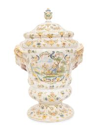A Large Majolica Covered Urn with Horned Satyr Mask Handles