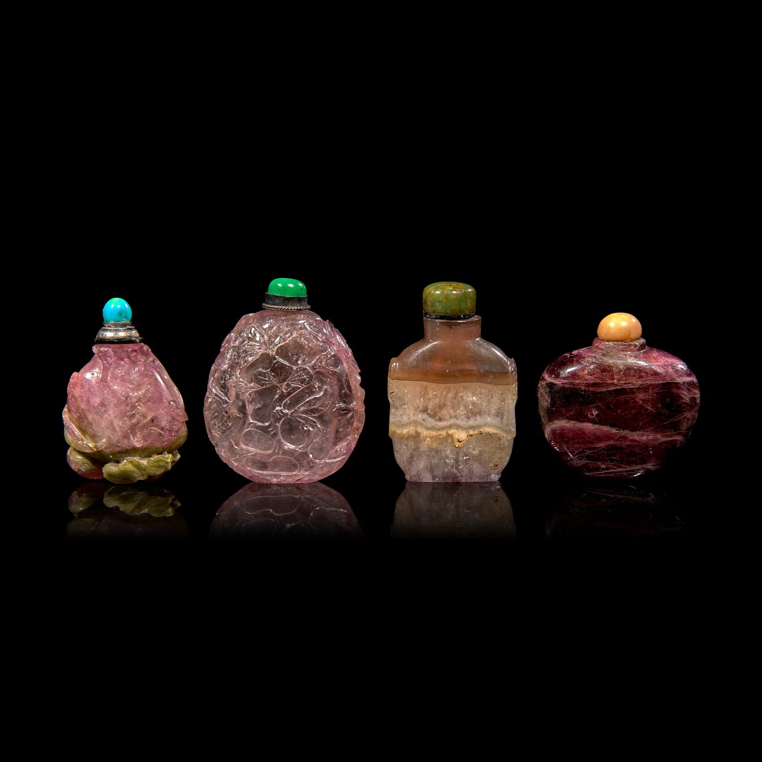 Four Chinese Carved Hardstone Snuff Bottles 碧璽及水晶鼻煙壺四支