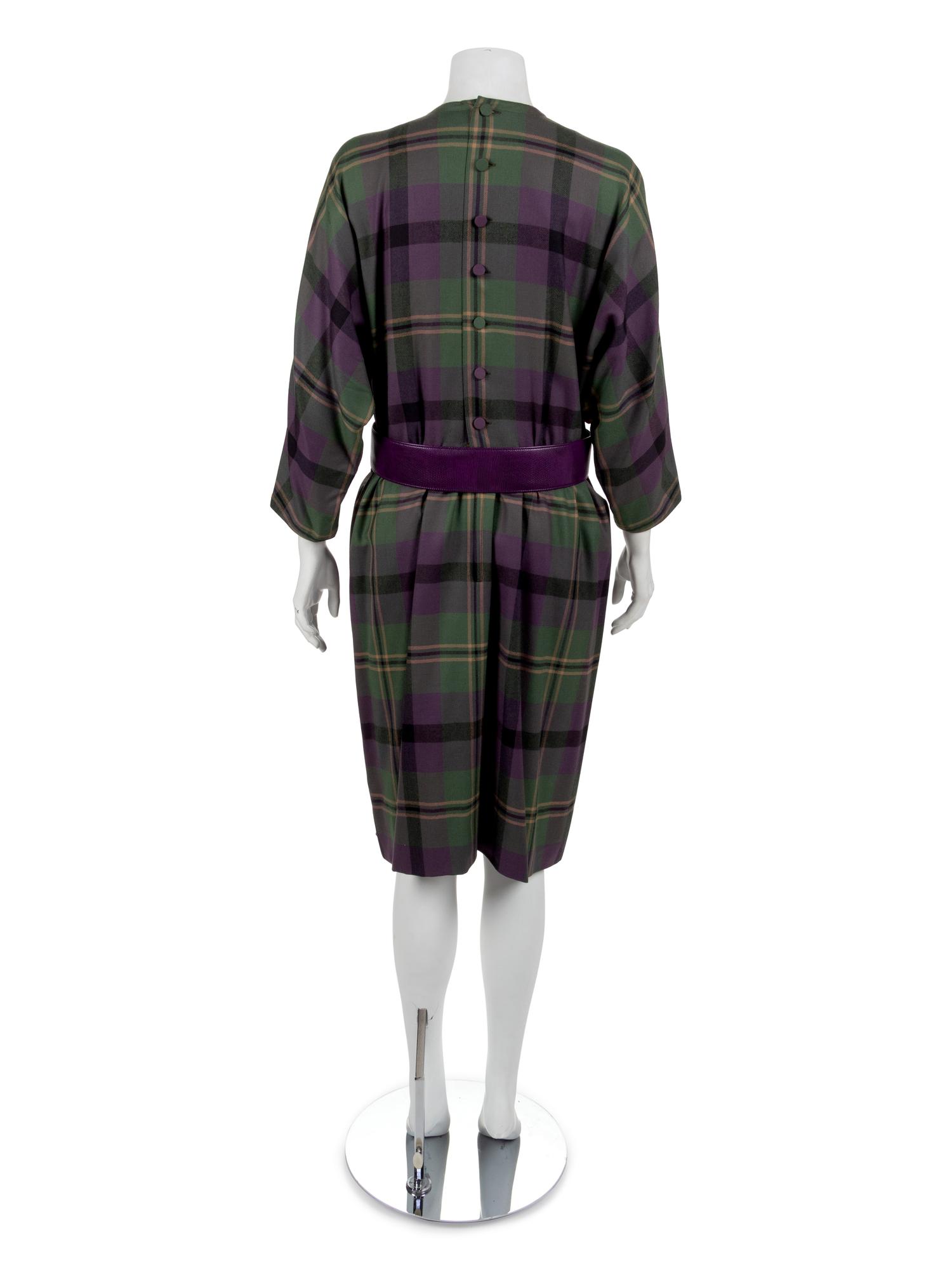 Adele Simpson Purple Tartan Wool Coat, Dress, Belt, Scarf, 1980s