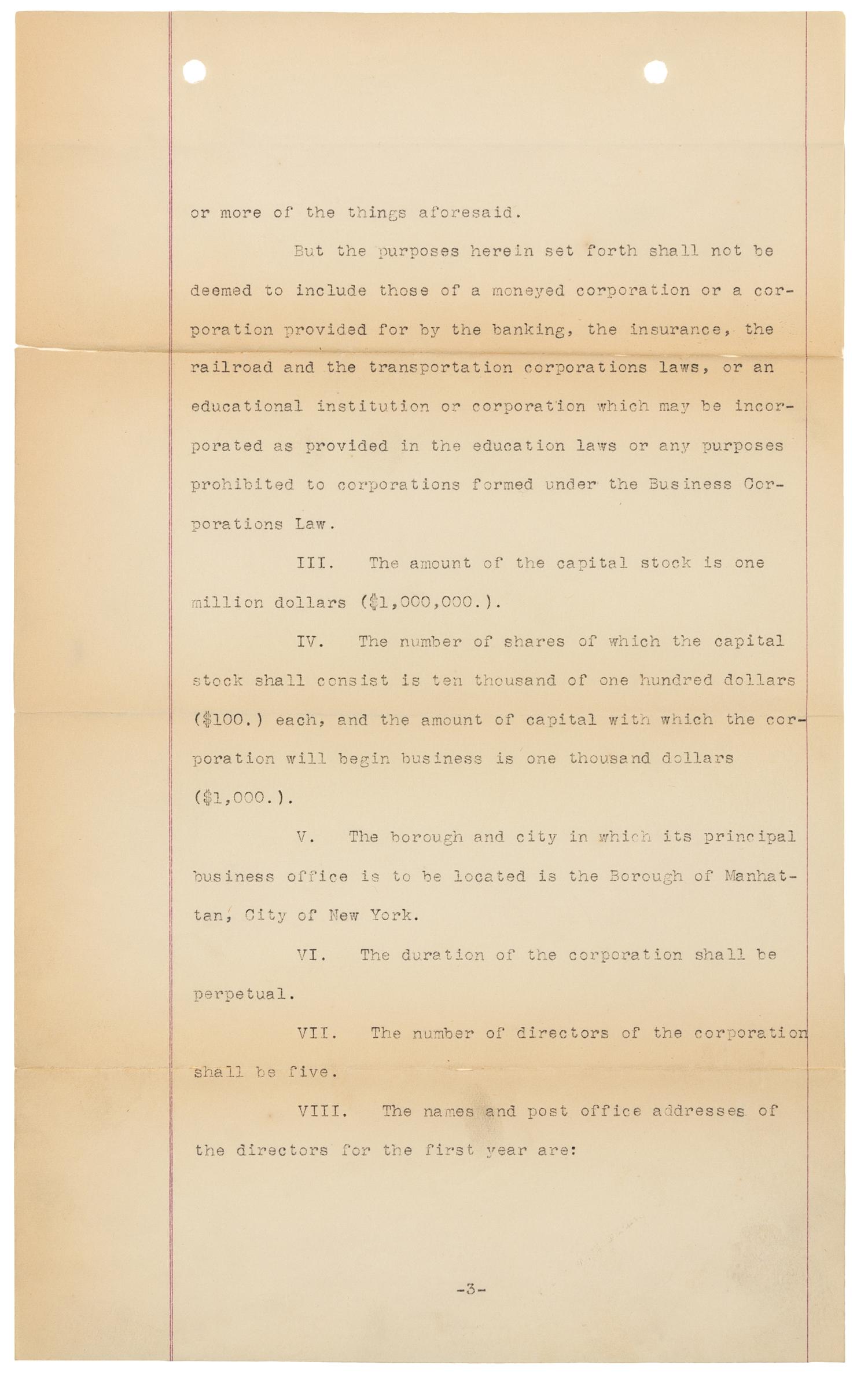 [WRIGHT BROTHERS]. WRIGHT, Wilbur (1867-1912) -- WRIGHT, Orville (1871-1948). Typed document signed ("Wilbur Wright", "Orville Wright", "George A. Steves", "Henry S. Hooker", "Alpheus F. Barnes"), New York, NY, 18 November 1909.
