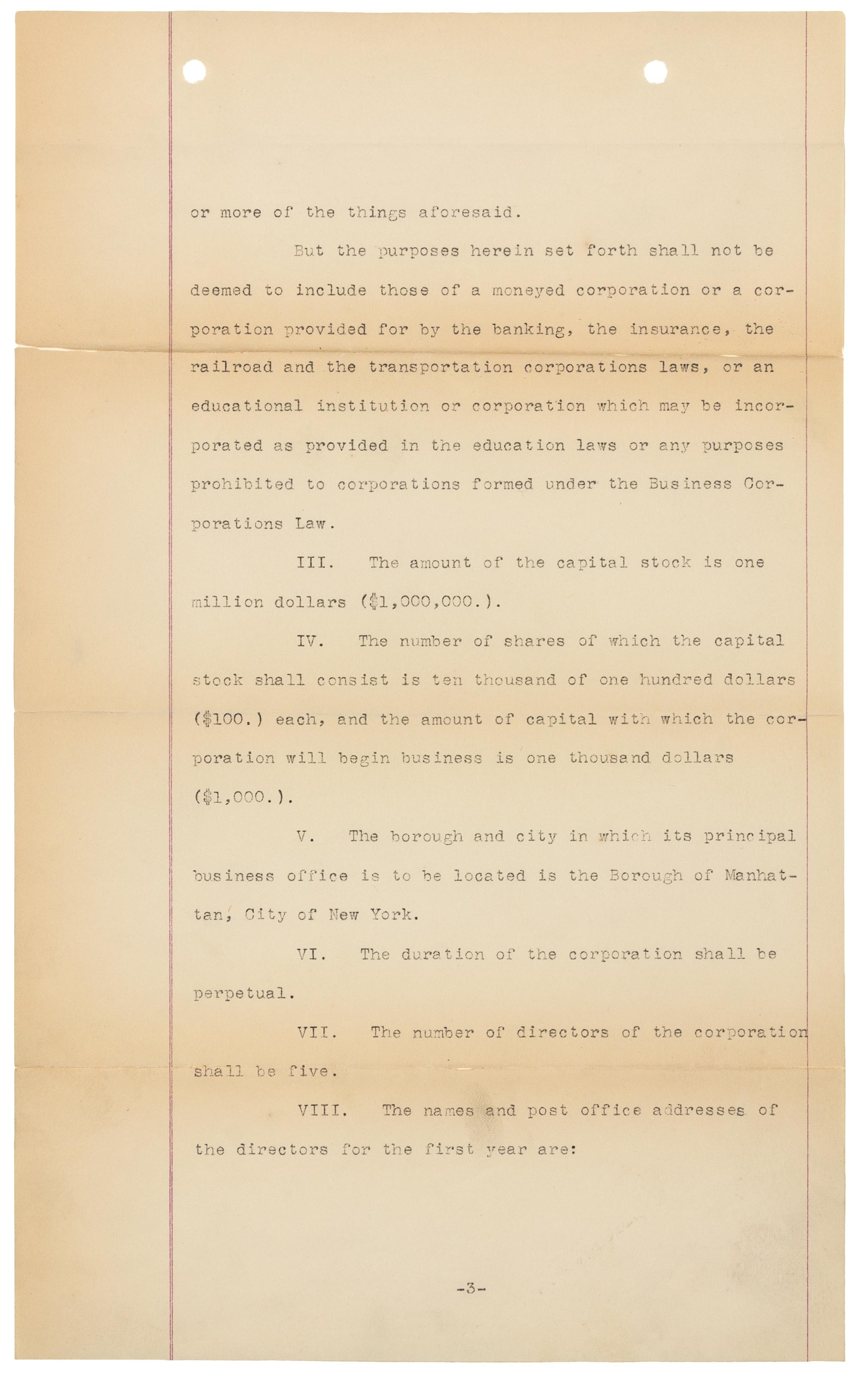 [WRIGHT BROTHERS]. WRIGHT, Wilbur (1867-1912) -- WRIGHT, Orville (1871-1948). Typed document signed ("Wilbur Wright", "Orville Wright", "George A. Steves", "Henry S. Hooker", "Alpheus F. Barnes"), New York, NY, 18 November 1909.