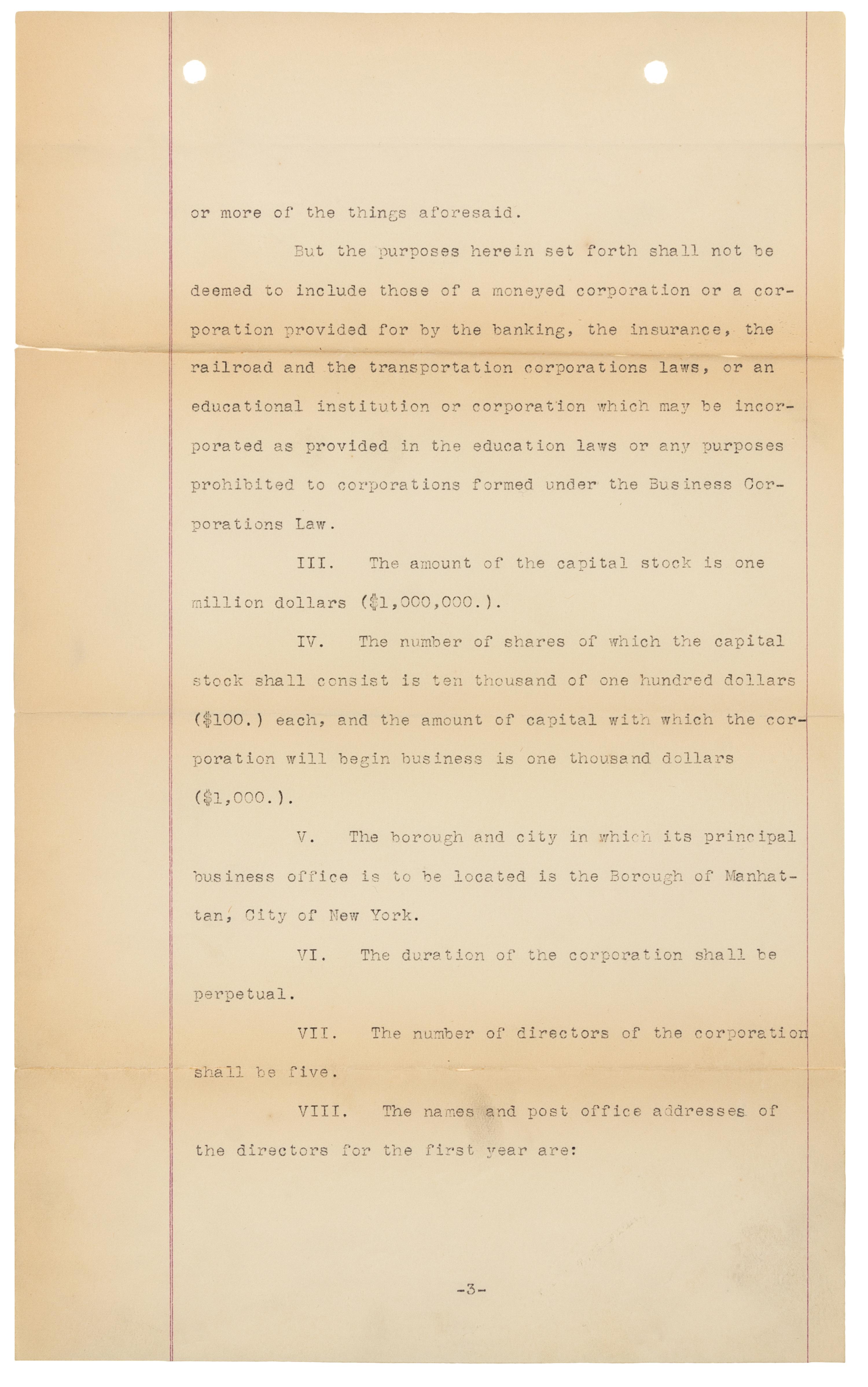[WRIGHT BROTHERS]. WRIGHT, Wilbur (1867-1912) -- WRIGHT, Orville (1871-1948). Typed document signed ("Wilbur Wright", "Orville Wright", "George A. Steves", "Henry S. Hooker", "Alpheus F. Barnes"), New York, NY, 18 November 1909.