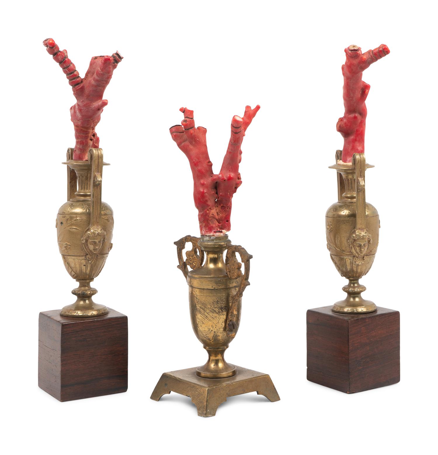 A Coral Specimen Mounted Three-Piece Gilt Metal Garniture