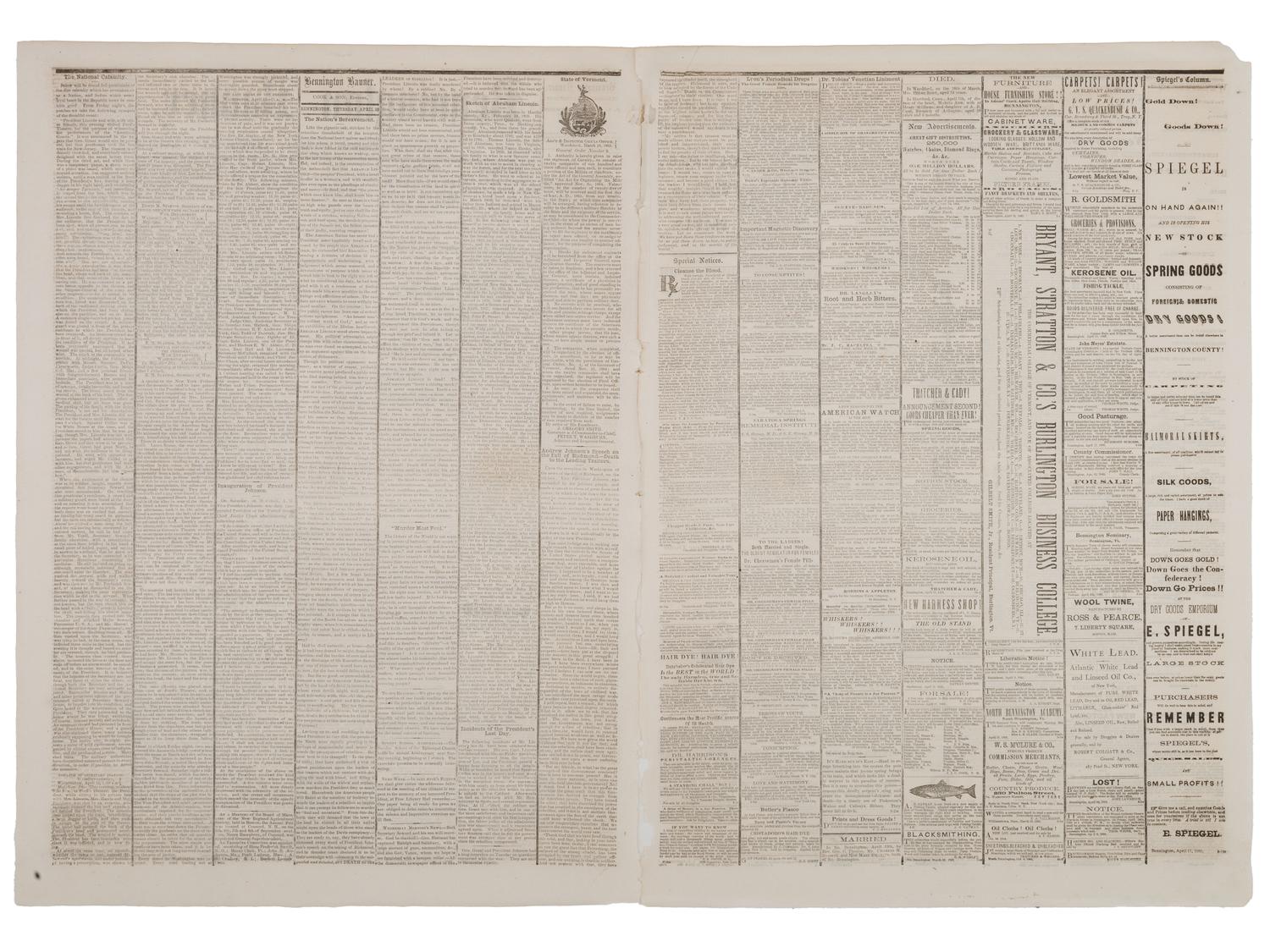 [LINCOLNIANA]. Bennington Weekly Banner . Vol. 25, No. 10. Bennington, VT: J.I.C. Cook & Son, 20 April 1865. Contains first reports of the assassination of Abraham Lincoln by John Wilkes Booth.
