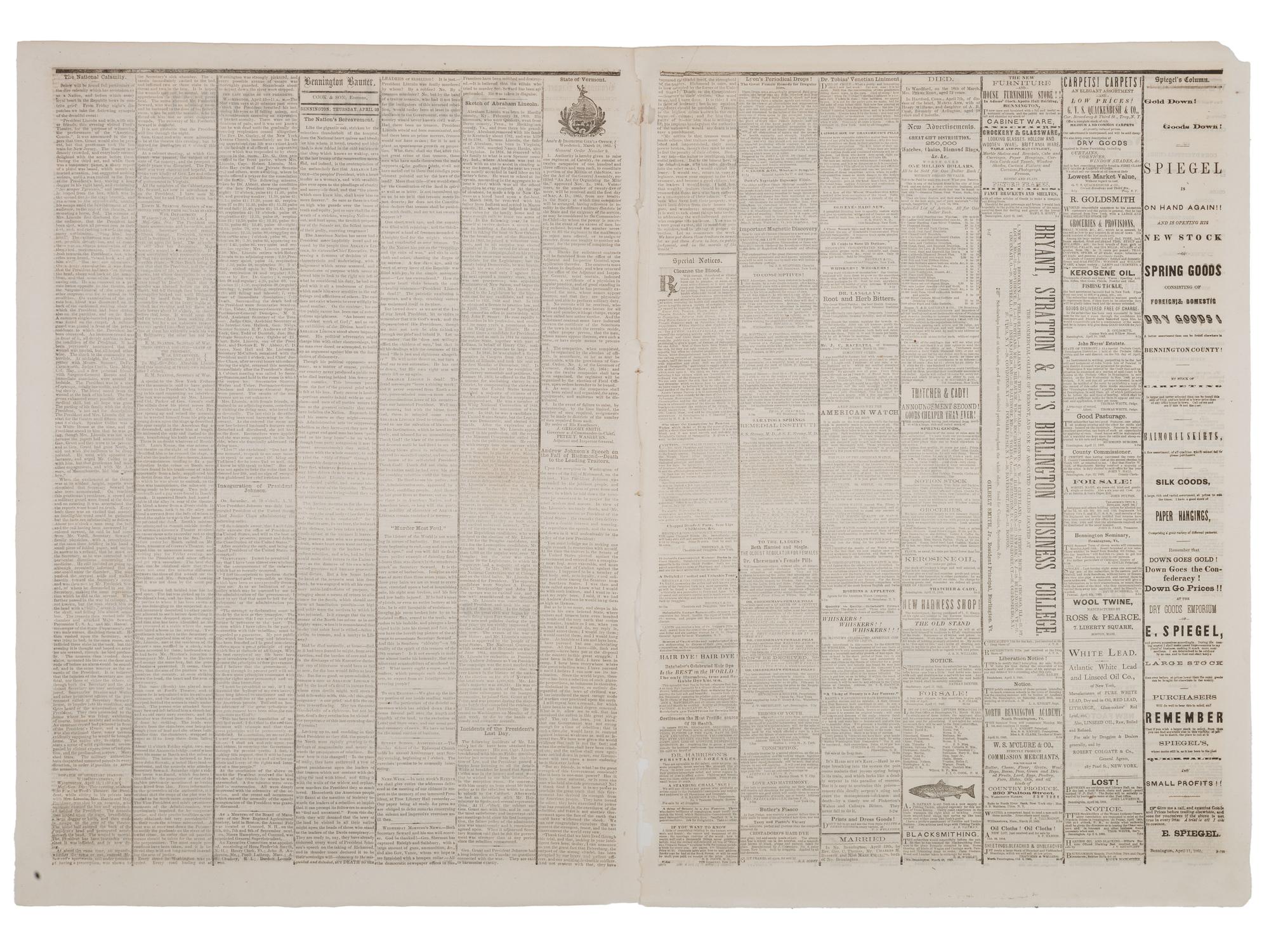 [LINCOLNIANA]. Bennington Weekly Banner . Vol. 25, No. 10. Bennington, VT: J.I.C. Cook & Son, 20 April 1865. Contains first reports of the assassination of Abraham Lincoln by John Wilkes Booth.