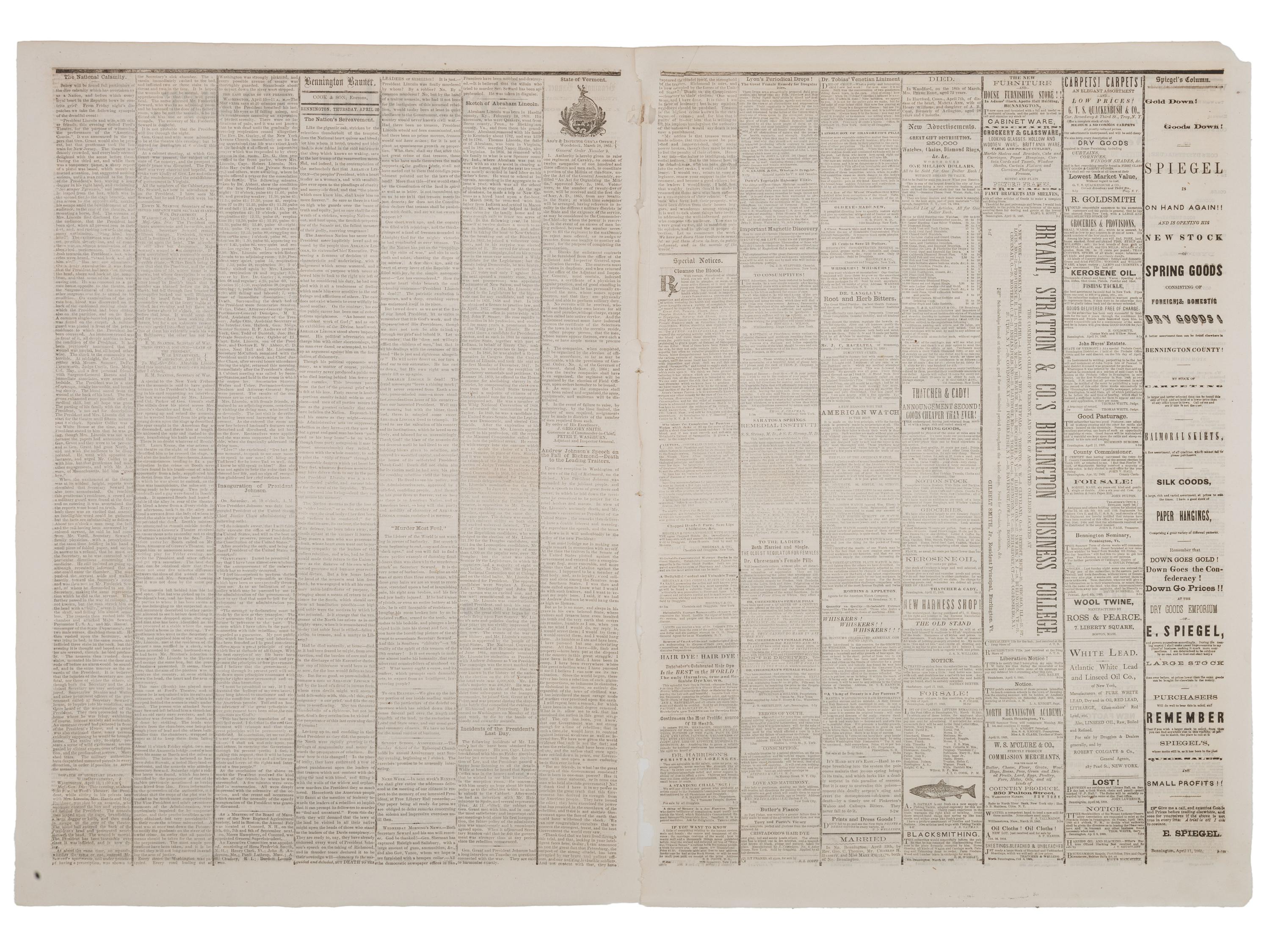 [LINCOLNIANA]. Bennington Weekly Banner . Vol. 25, No. 10. Bennington, VT: J.I.C. Cook & Son, 20 April 1865. Contains first reports of the assassination of Abraham Lincoln by John Wilkes Booth.