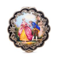 An Austrian Enameled Silver Compact, 19th/20th Century, of lobed circular form, the hinged lid decorated with a courting couple, openin