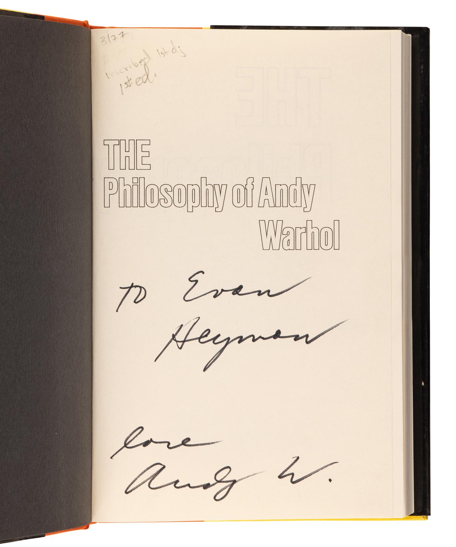 [ARTIST'S BOOK]. WARHOL, Andy (1928-1987). The Philosophy of Andy Warhol (From A to B and Back Again) . New York and London: Harcourt Brace Jovanovich, 1975.