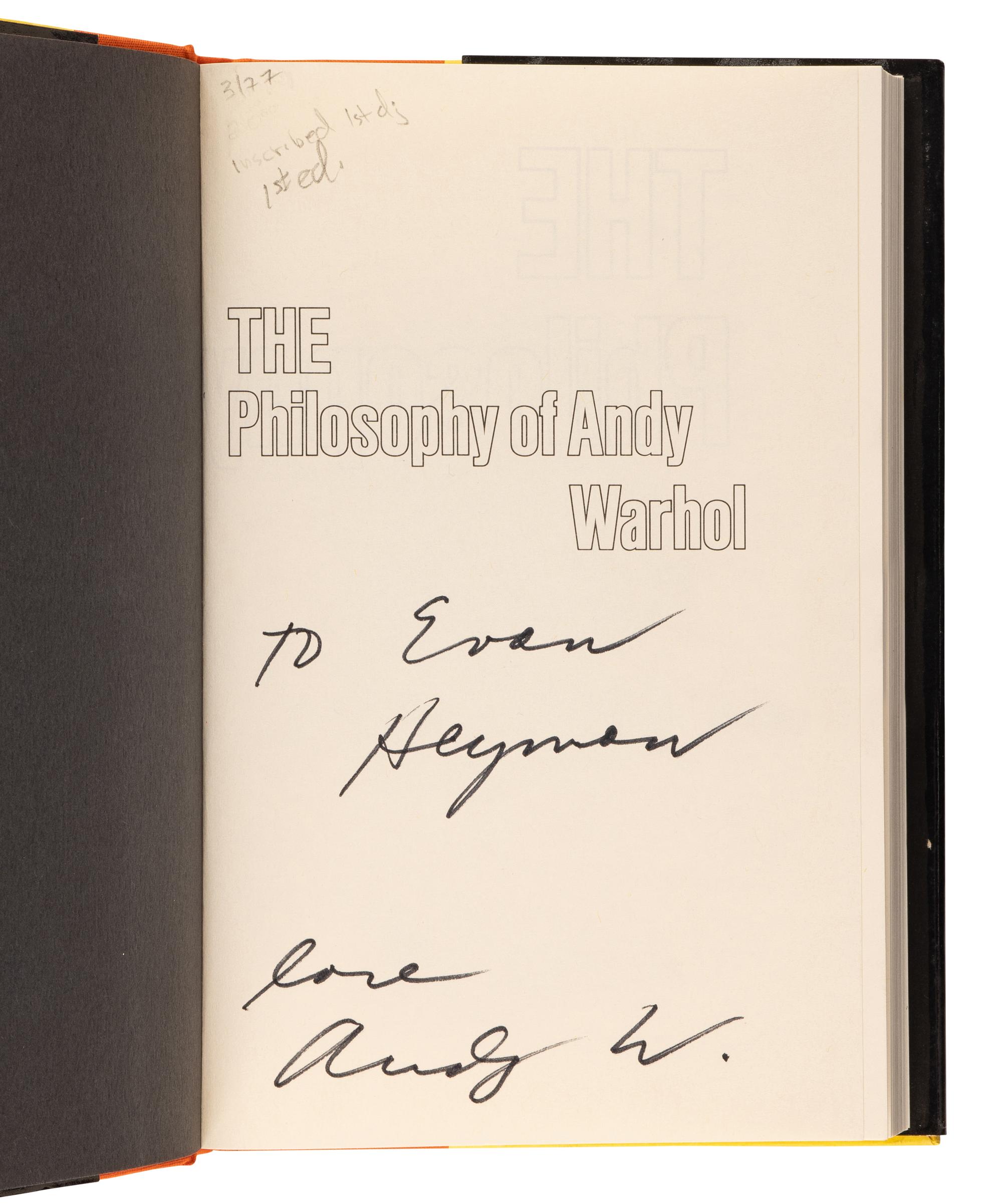 [ARTIST'S BOOK]. WARHOL, Andy (1928-1987). The Philosophy of Andy Warhol (From A to B and Back Again) . New York and London: Harcourt Brace Jovanovich, 1975.