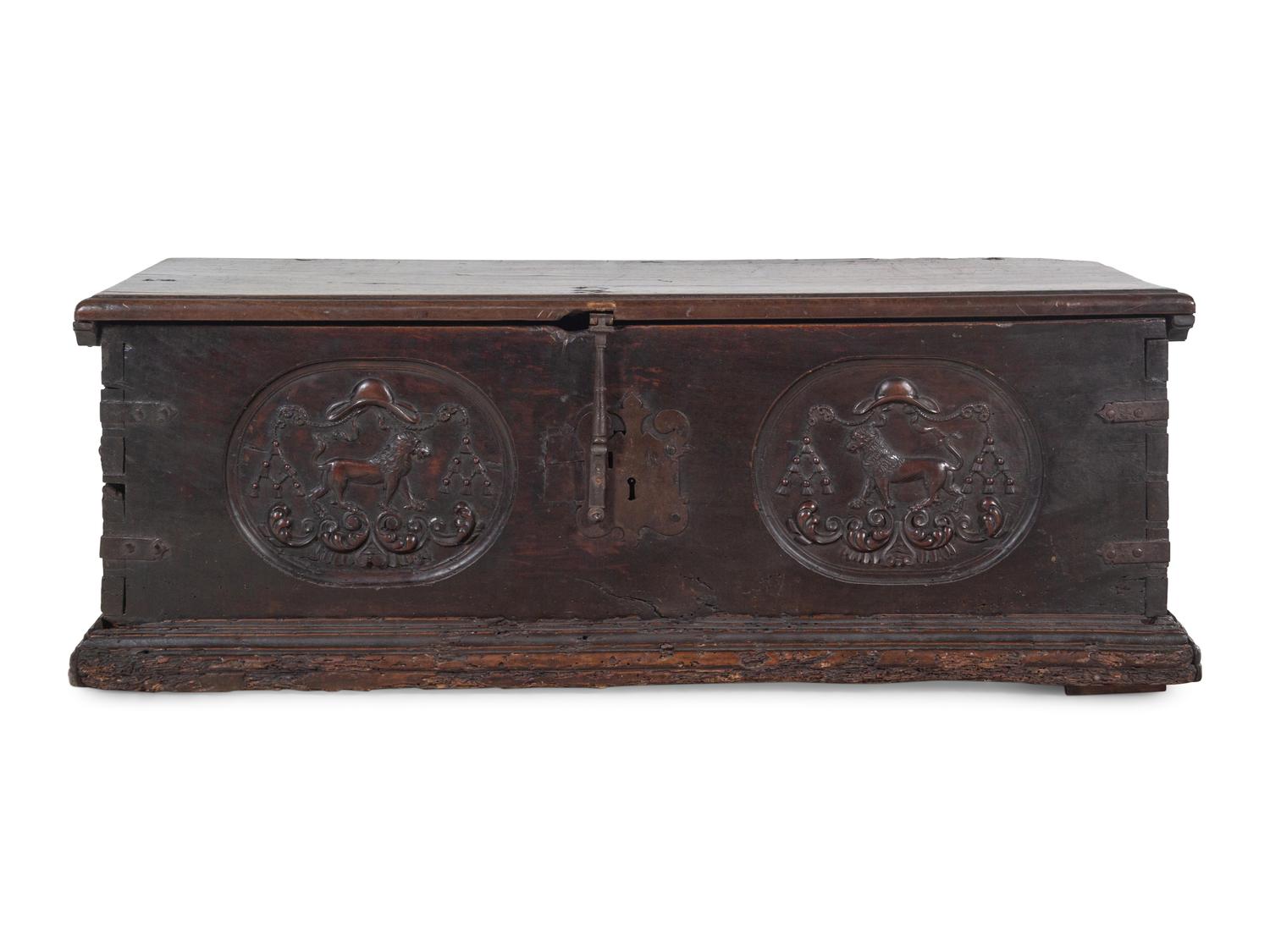 A Continental Iron Mounted Walnut Cassone