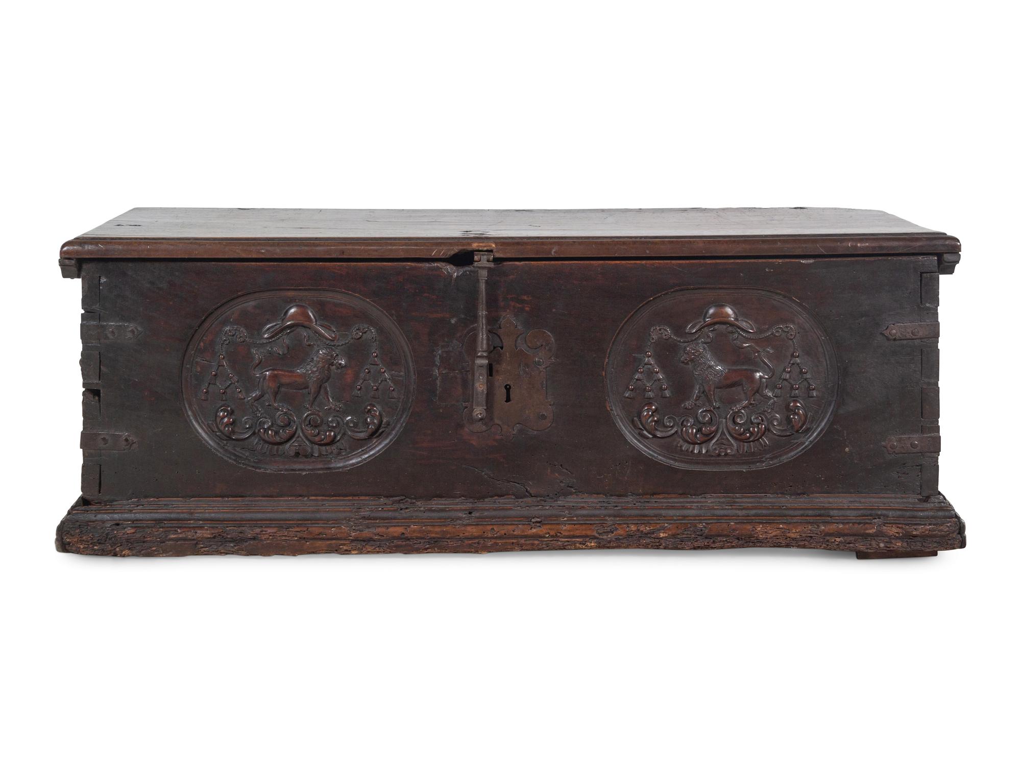 A Continental Iron Mounted Walnut Cassone