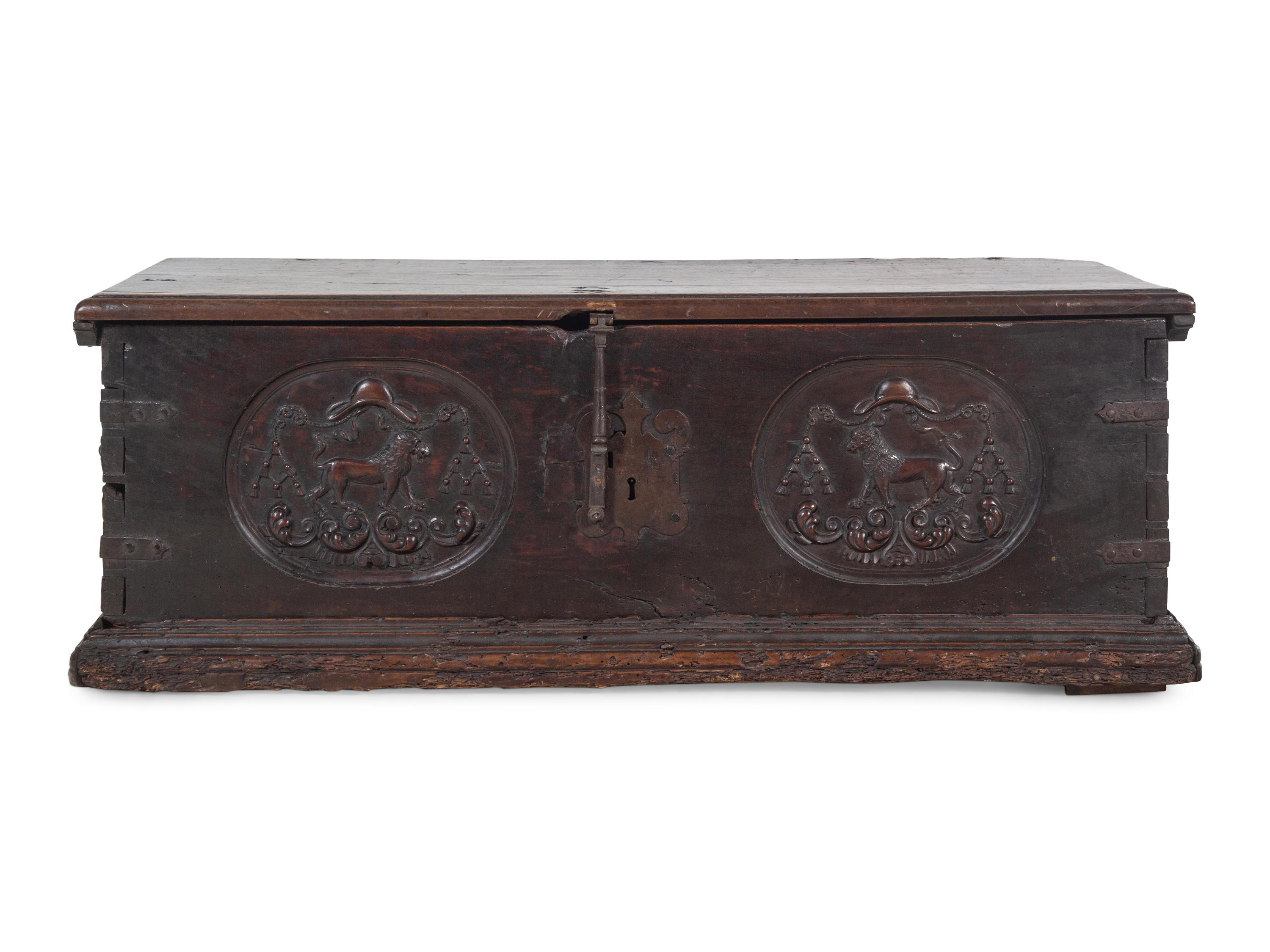 A Continental Iron Mounted Walnut Cassone