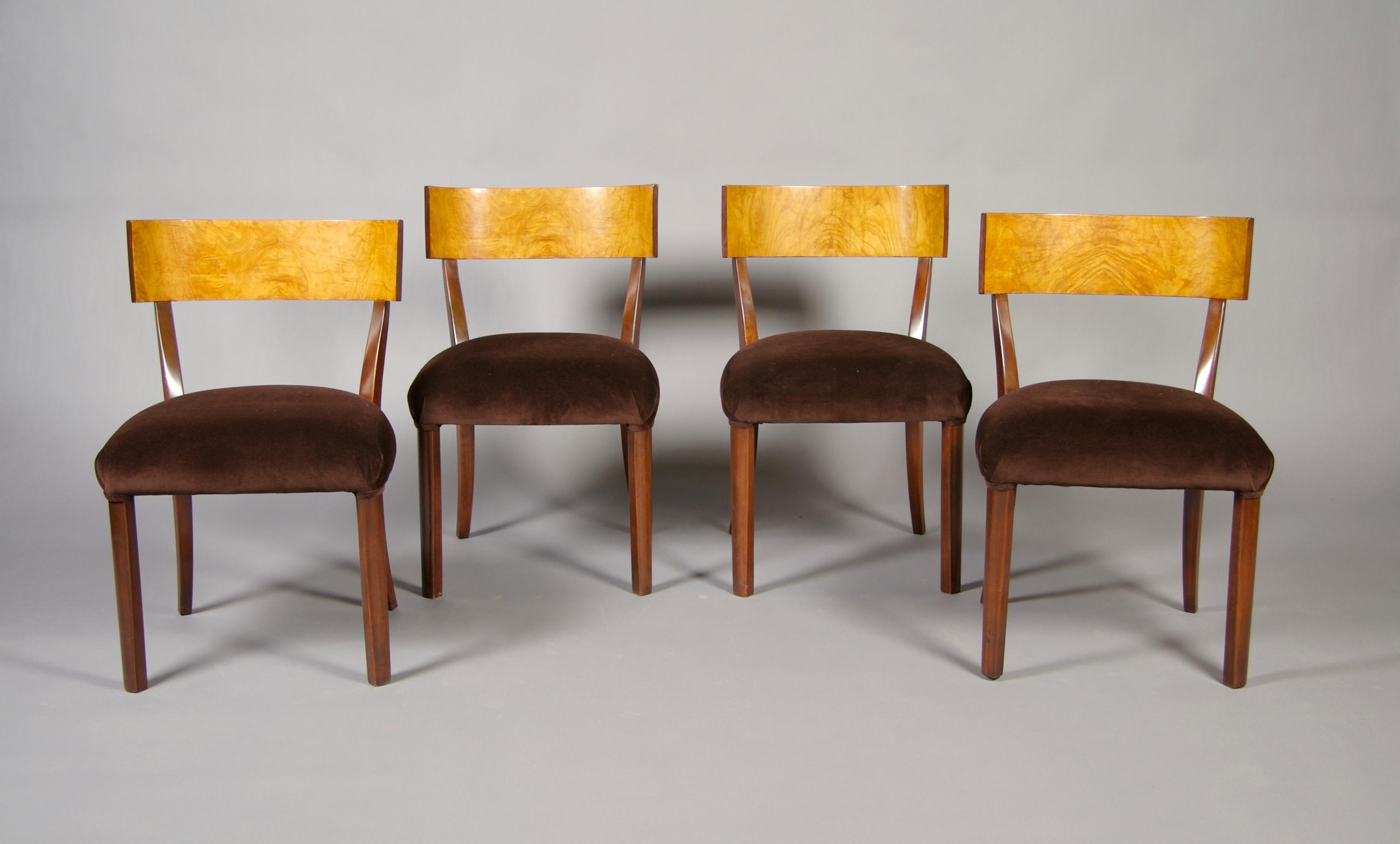 A Set of Four Swedish Birch and Walnut Klismos Chairs, Height 30 1/2 inches.