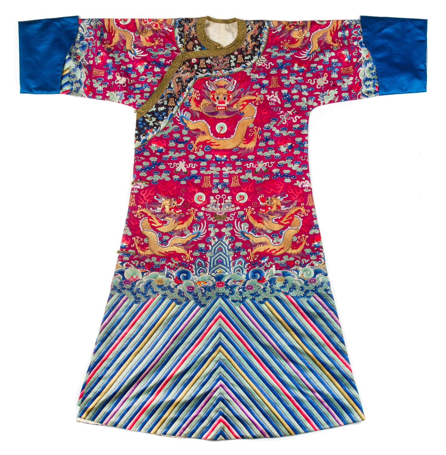 A Chinese Embroidered Silk Dragon Robe