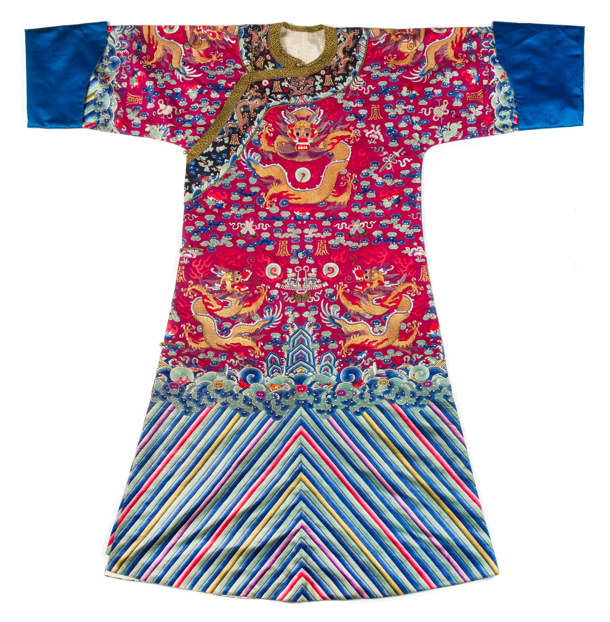 A Chinese Embroidered Silk Dragon Robe