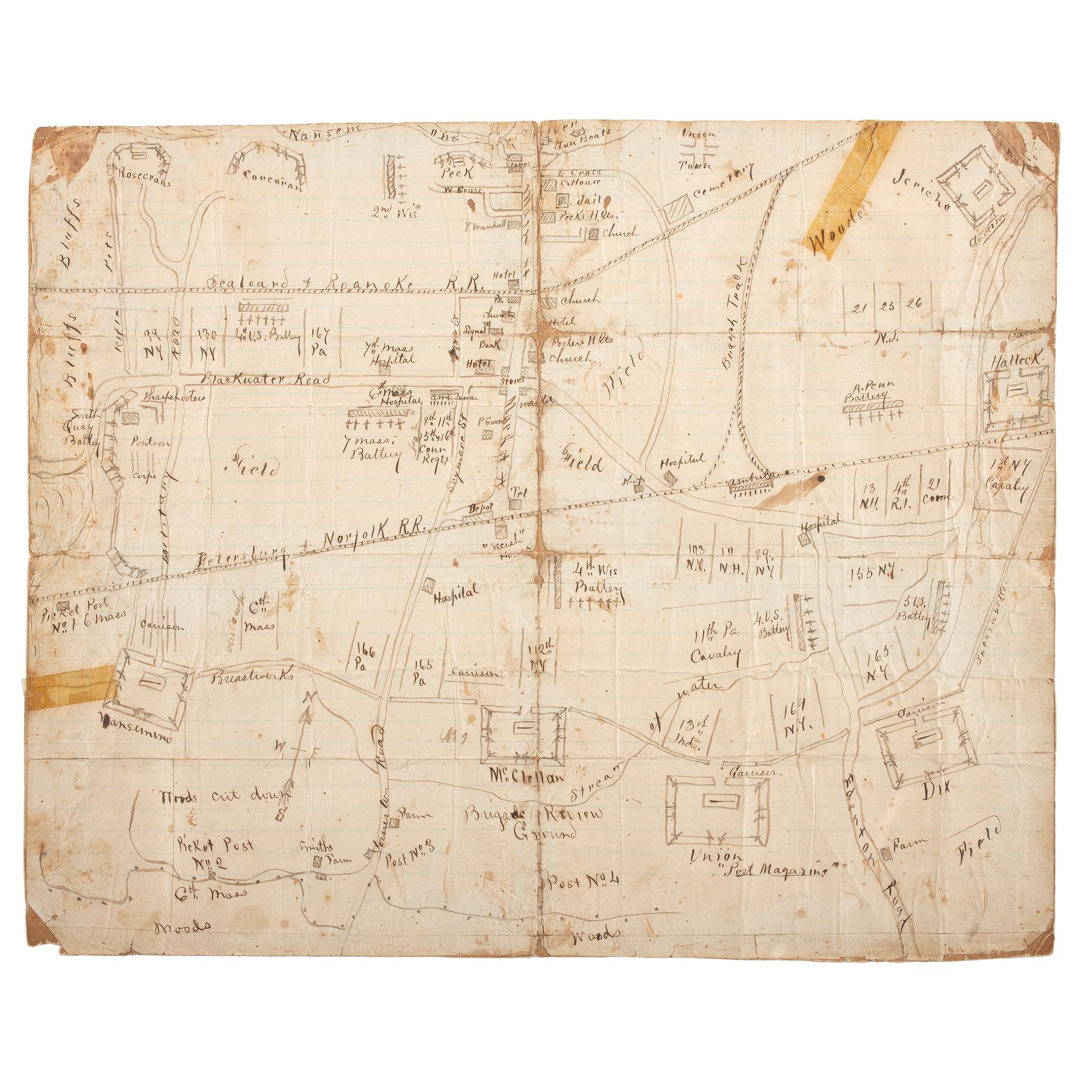 Civil War Hand-Drawn Map of the Siege of Suffolk, Virginia, Owned by Private William Gragg, 6th Massachusetts Infantry, With War-Date Correspondence