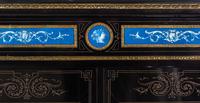 A Napoleon III Ebonized and Glazed Pottery Plaque-Mounted Marble-Top Meuble d'Appui