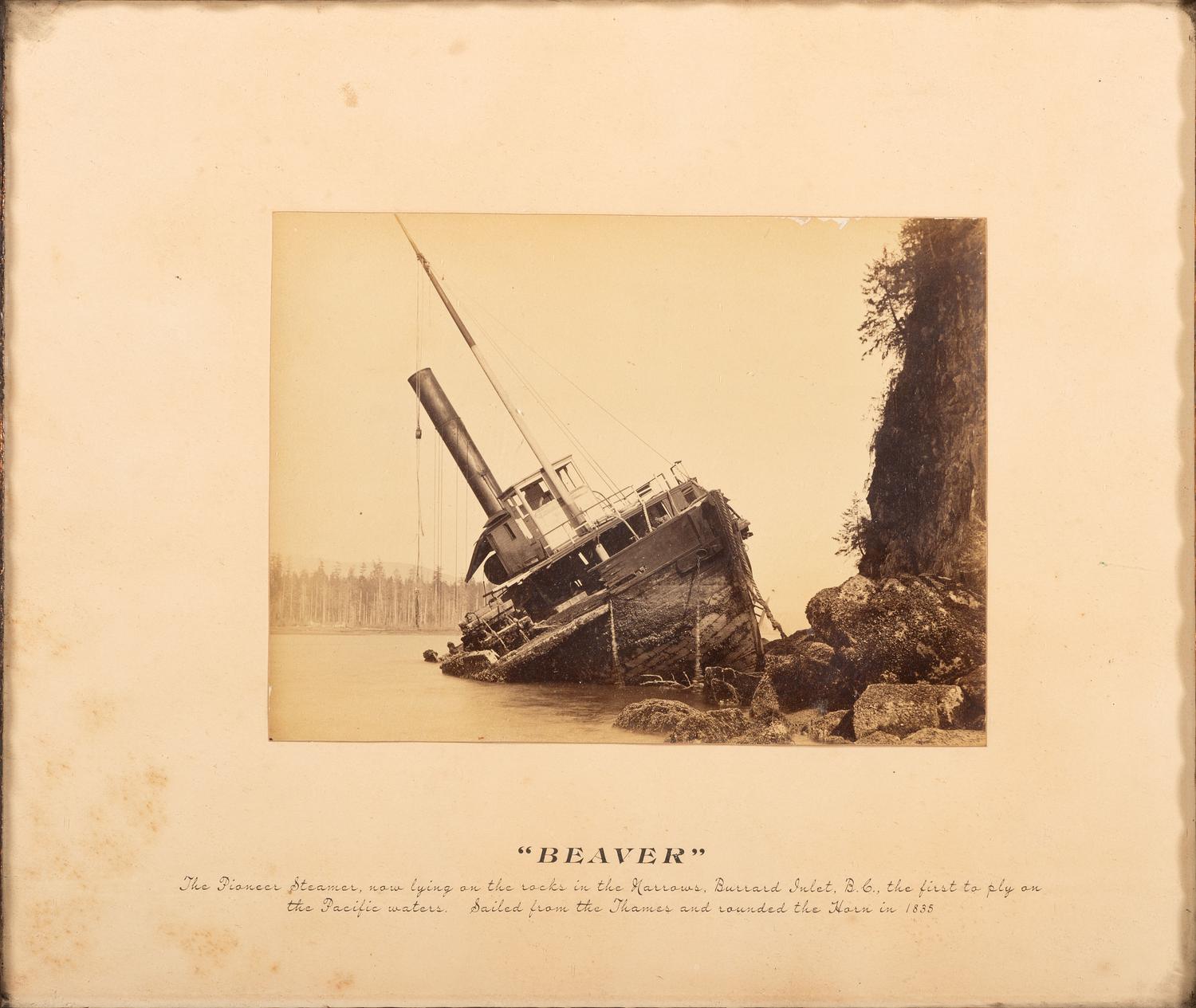 [TRANSPORTATION]. Albumen photograph of the steamship Beaver after wrecking at Calamity Point, British Columbia in 1888.
