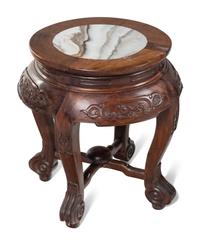 A Pair of Chinese Marble Inset Hardwood Demi-Lune Side Tables and Five Matching Stools