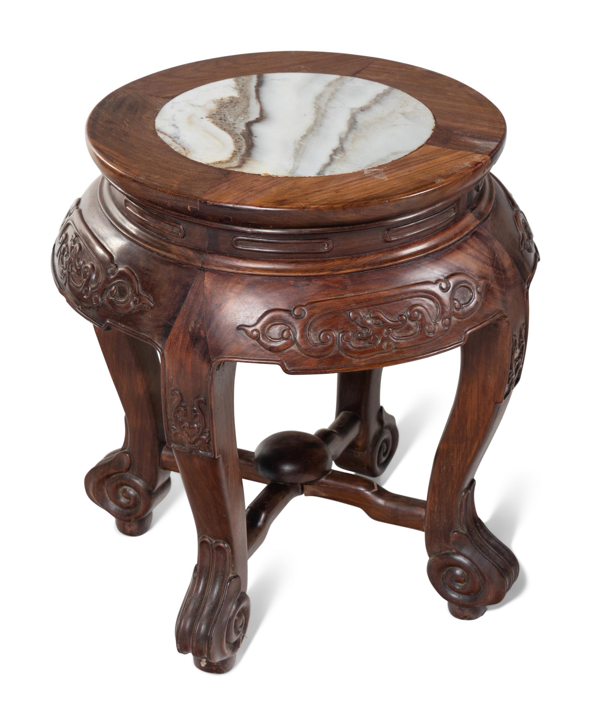 A Pair of Chinese Marble Inset Hardwood Demi-Lune Side Tables and Five Matching Stools